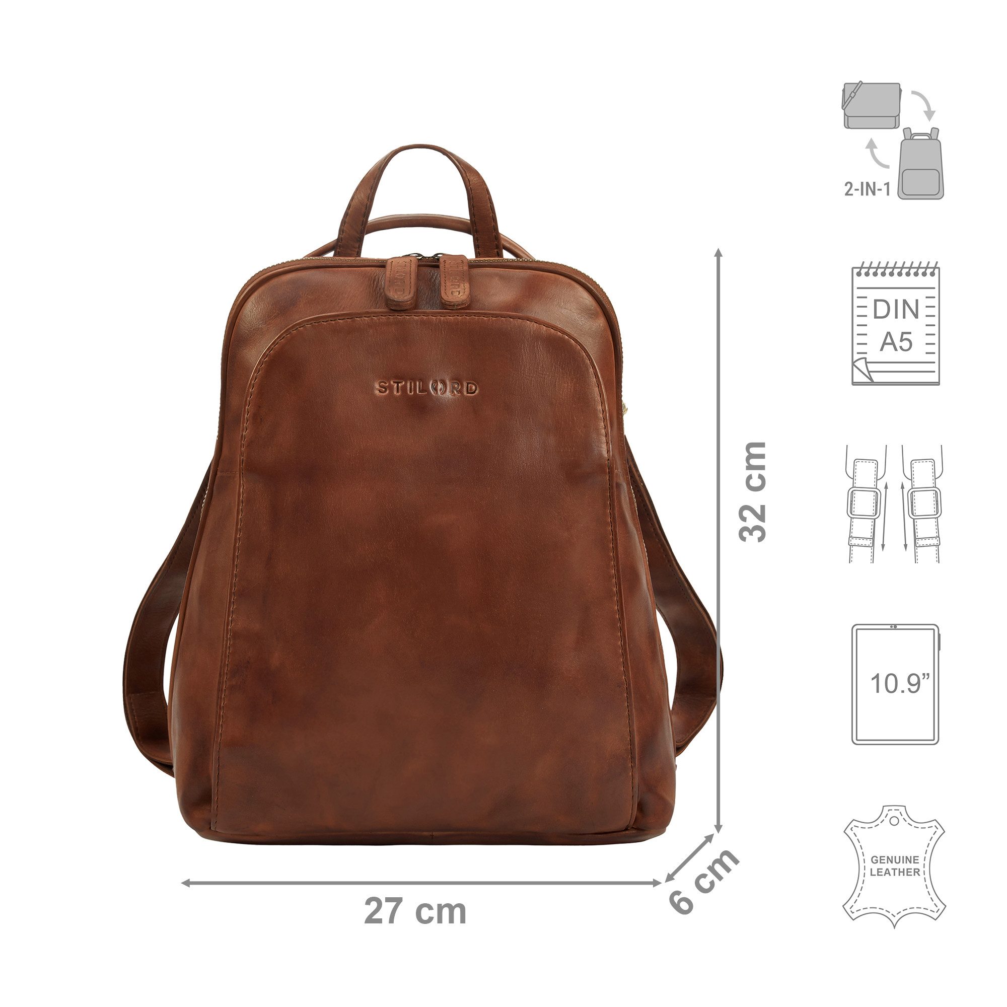 STILORD Cityrucksack "Ophelia" 2-in-1 Rucksack-Tasche Echt Leder Damen 10,9 Zoll