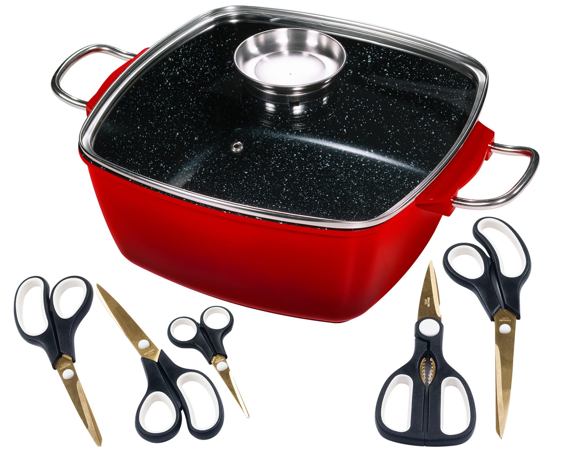 KING Bräter 7 L, Aluguss, Aluminiumguss (Set, 7-tlg., 5 Scheren: Handarbeit-, Papier-, Haushalt-, Universal- und Multischere), mit Glasdeckel und Aromaknopf, Induktion, Keramikbeschichtung