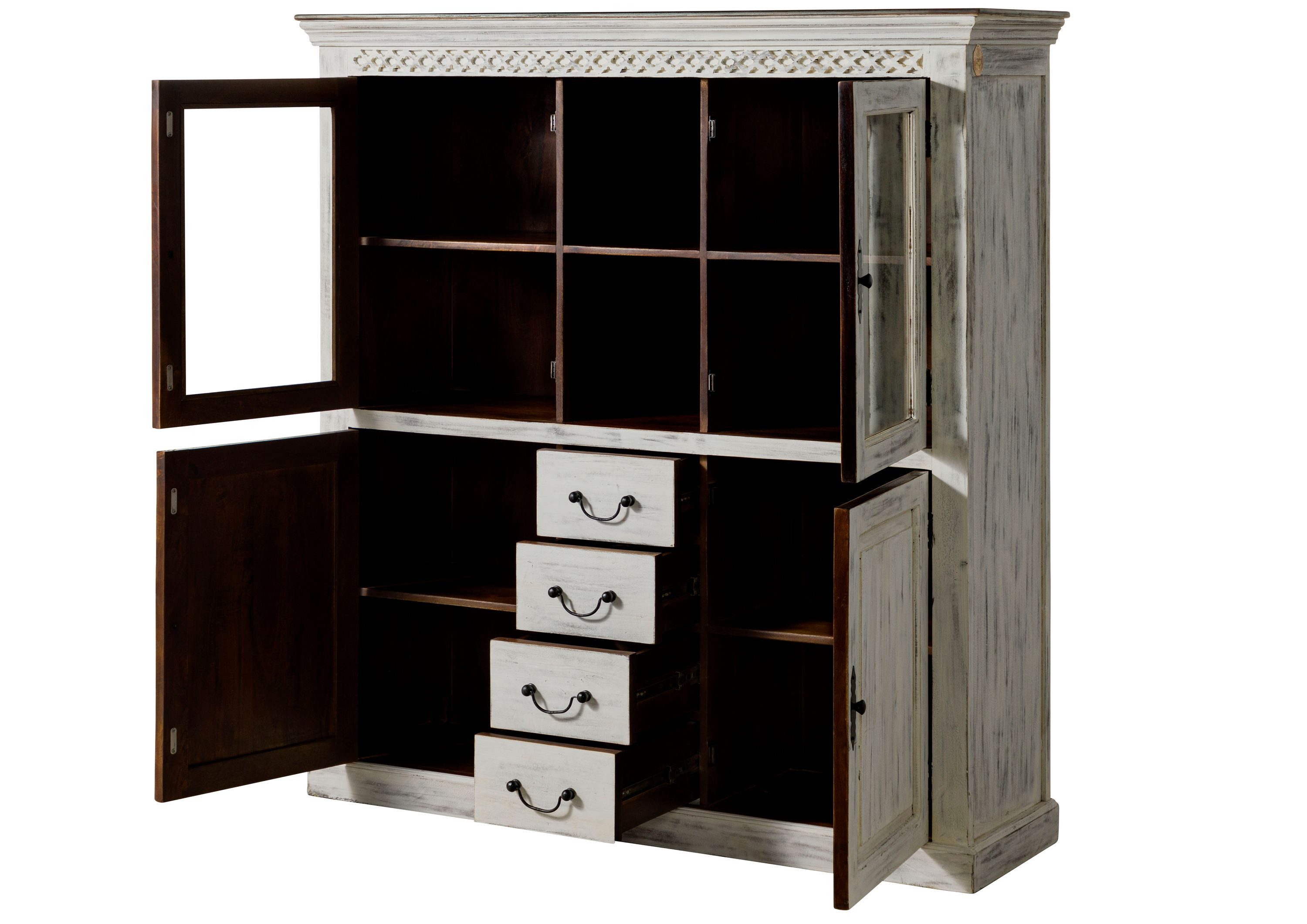 Massivmoebel24 Highboard (Massivholz), Mango / Akazie 150x45x160 weiß gewachst CASTLE-ANTIK #105