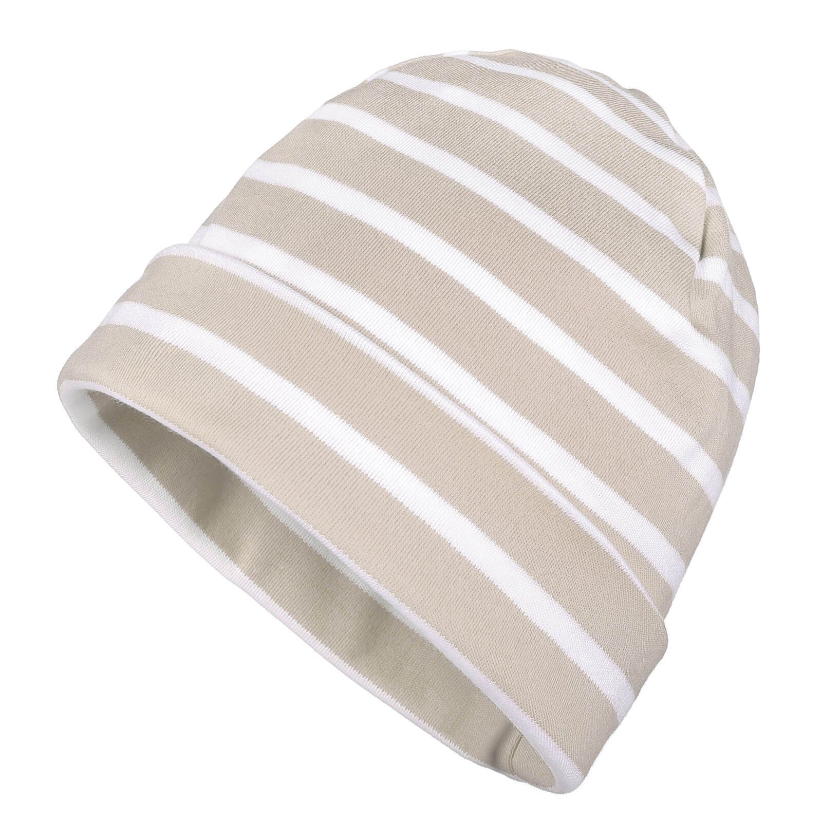 modAS Strickmütze Unisex Mütze Streifen für Kinder & Erwachsene - Ringelmütze Baumwolle (98) sand / weiß
