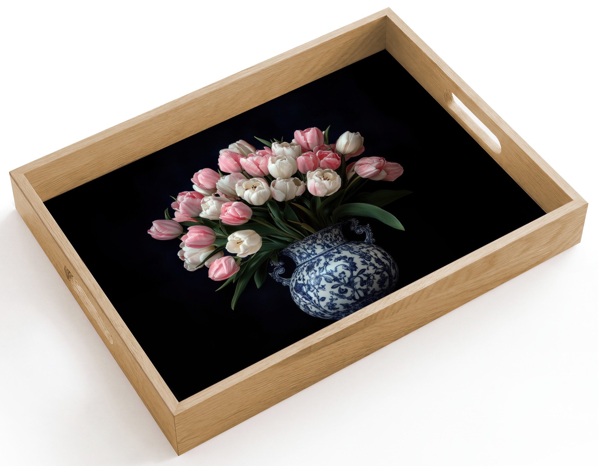 OnlyWow Tablett Rechteckig mit Henkel Blumen - Rosa - Tulpen - Vase, Eichenholz, (1-tlg), Siervierplatte, Tray, Frühstücksbrett