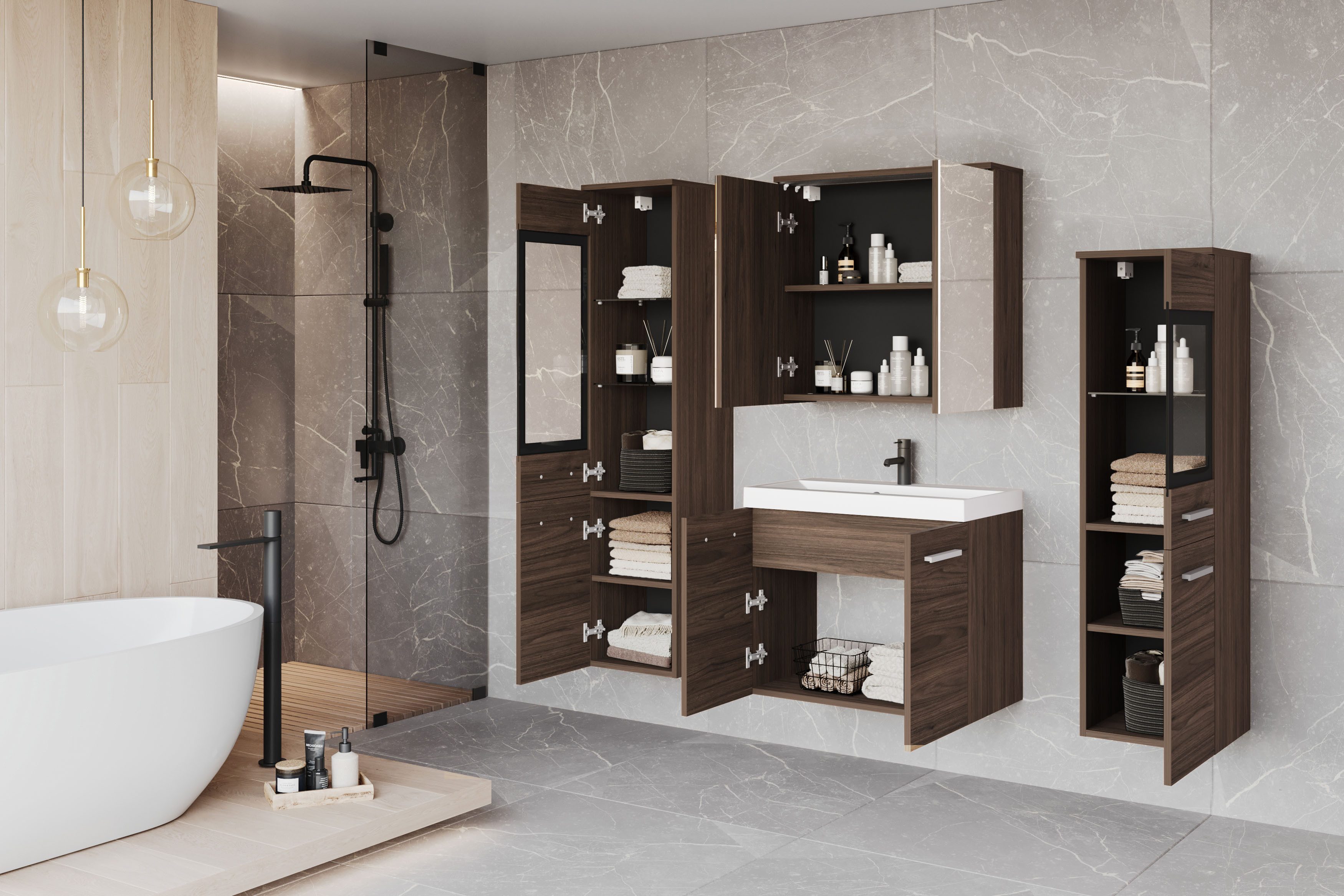 welltime Badmöbel-Set MADRIT II, Schrank mit Waschbecken, 2 Hänger, Spiegelschrank, (Komplett-Set, 5-St), Hängende Badmöbel mit Glaseinsätzen – in vielen Farben erhältlich