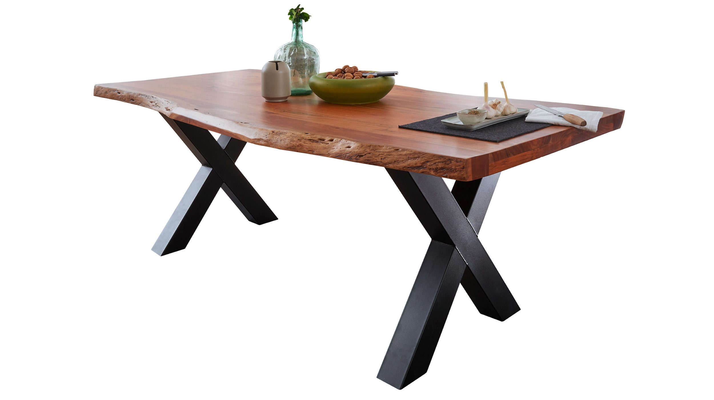 Massivart® Baumkantentisch TOMASO / Massivholz Akazie / 55 mm Tischplatte, Standbeine als X-Gestell / Metall schwarz lackiert / Industrial Look