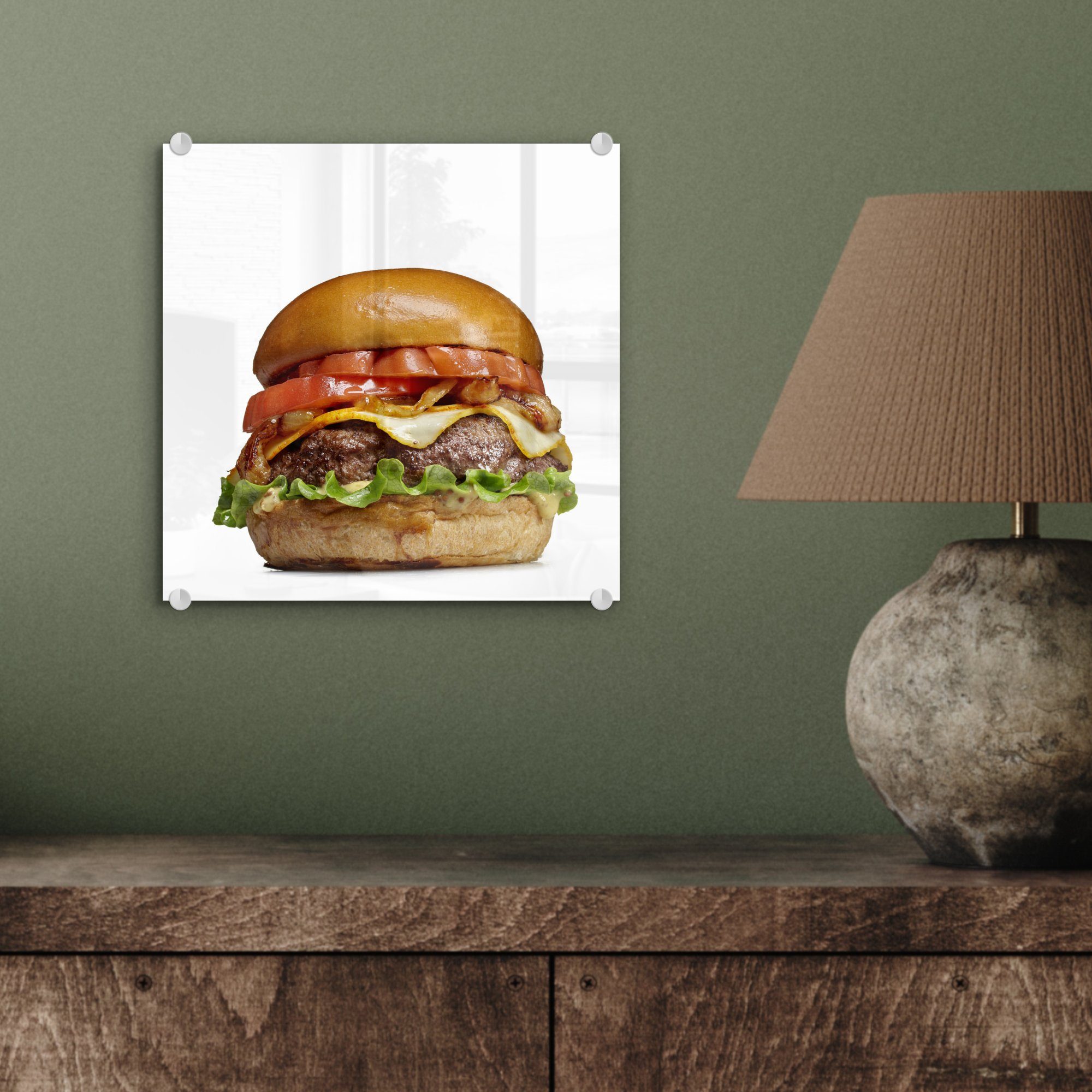 MuchoWow Acrylglasbild Hamburger mit frischen Glas Glas Wanddekoration - Wandbild - (1 Bilder Foto Zutaten, auf Glasbilder - auf St)