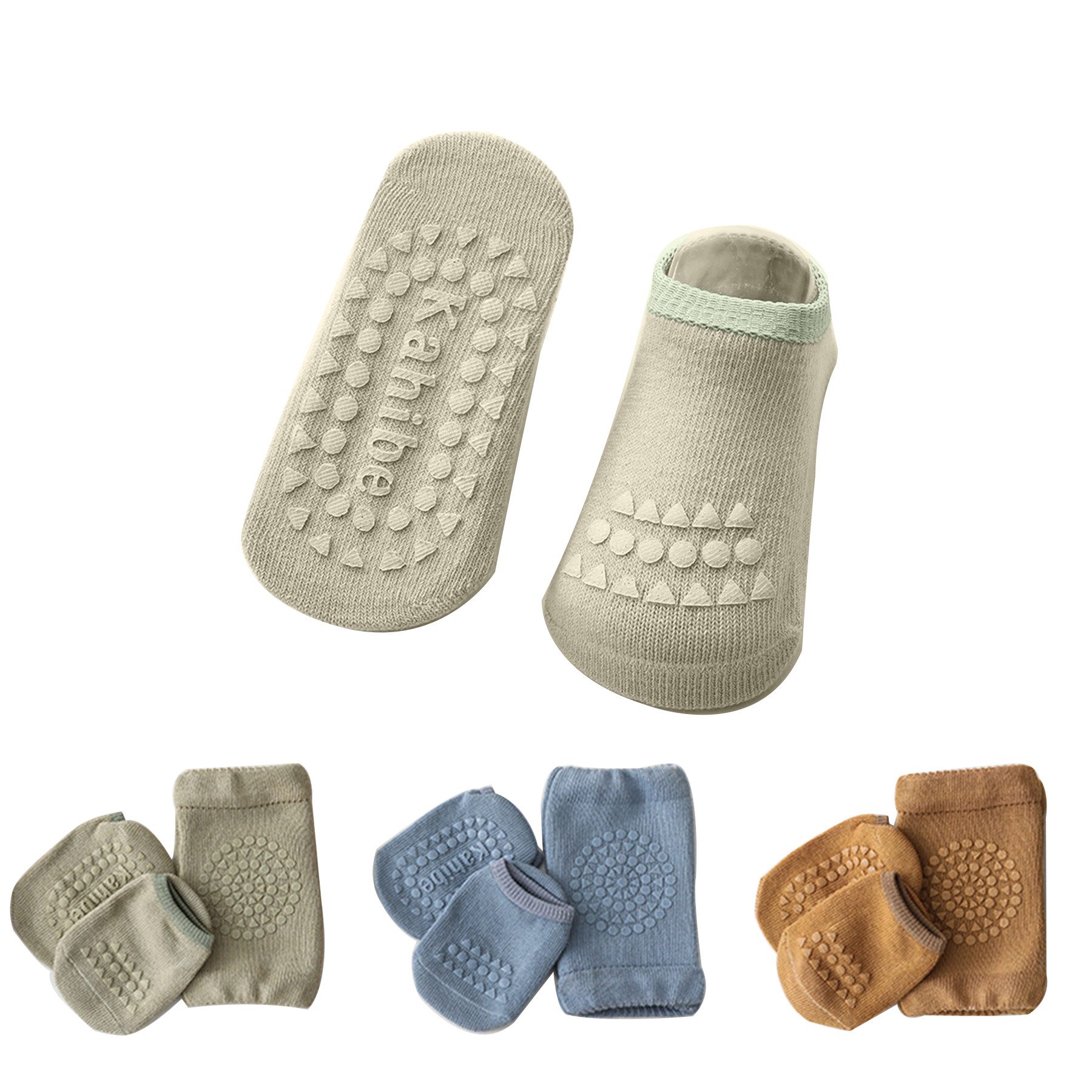 Mutig ABS-Socken 3 Paar Baby Носки & Baby Knieschoner,100 % Baumwolle Носки со стопперами, (Krabbeln Set Mit Gummipunkten,Die Silikonteile erhöhen die Reibung) Носки со стопперами Geeignet für Kinder von 0-3 Jahren,Grün, Blau, Braun