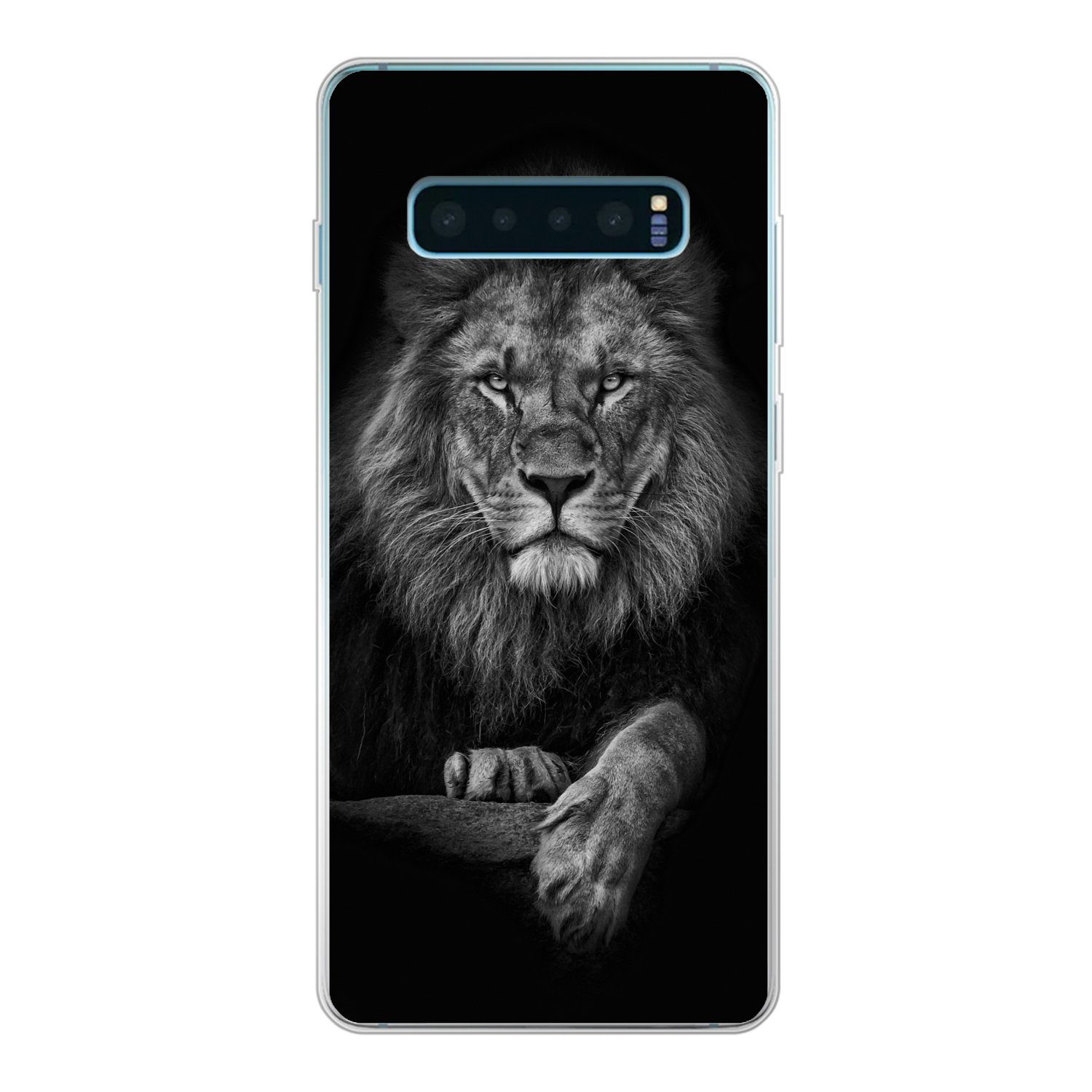 MuchoWow Handyhülle für Samsung Galaxy S10 Plus Löwe - Tiere - Schwarz - Weiß, Phone Case, Silikon, Schutzhülle Dünn