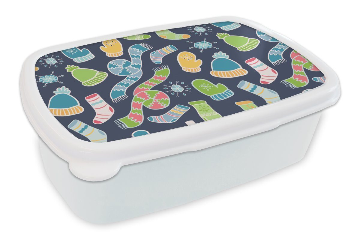 MuchoWow Lunchbox Schal - Handschuhe - Mütze - Regenbogen - Winter - Schnittmuster, Kunststoff, (2-tlg), Brotbox für Kinder und Erwachsene, Brotdose, für Jungs und Mädchen weiß