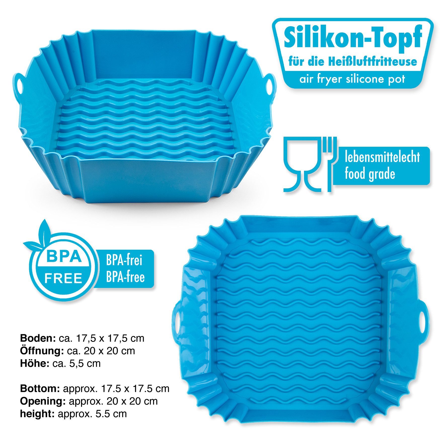 SHIBBY Silikonform für Heißluftfritteusen (5-7,2 L): Leicht zu reinigen, hitzebeständig, (3-tlg), Blau / Grau / Schwarz