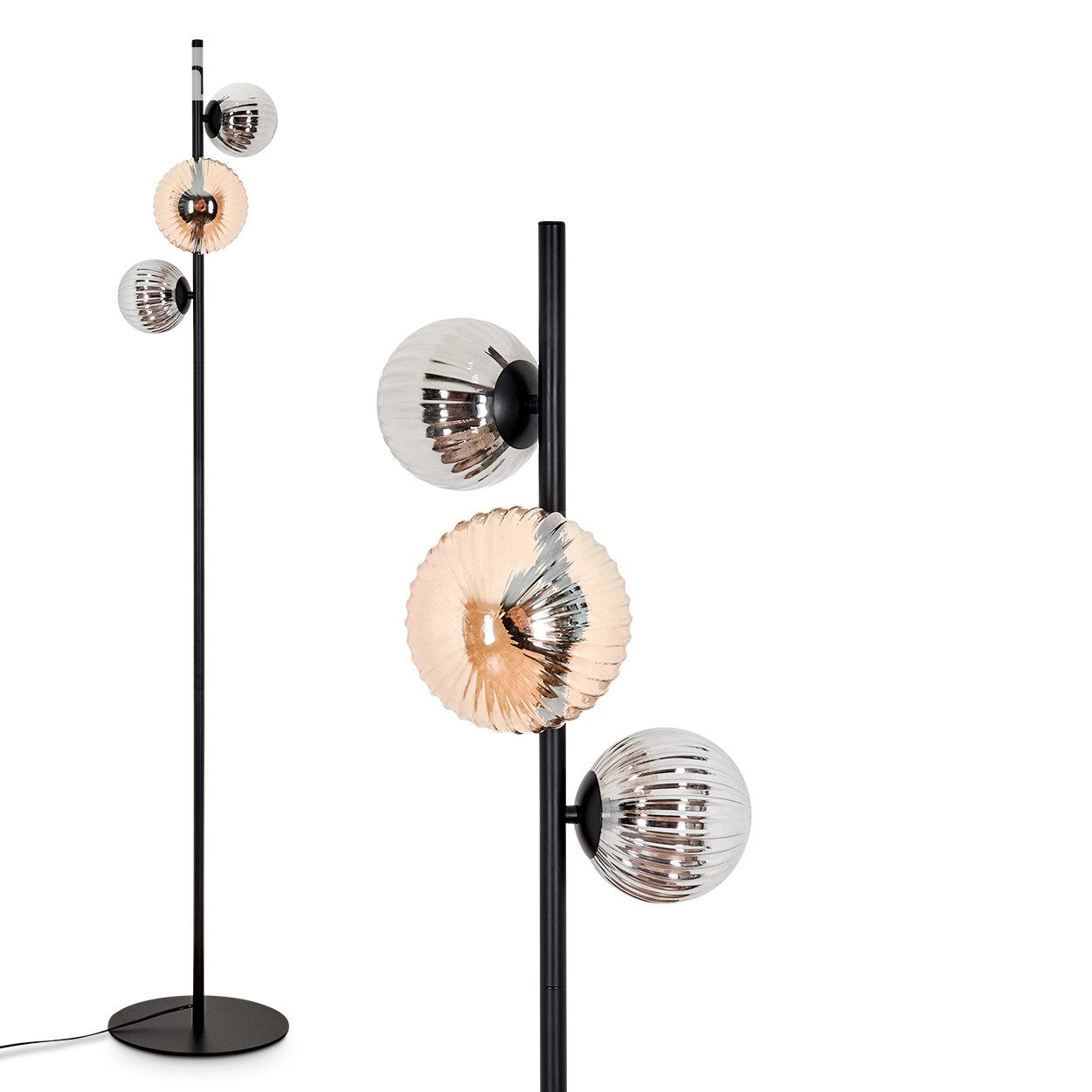 Stehlampe Stehlampe aus Metall/Riffelglas in Schwarz/Rauch/Bernstein