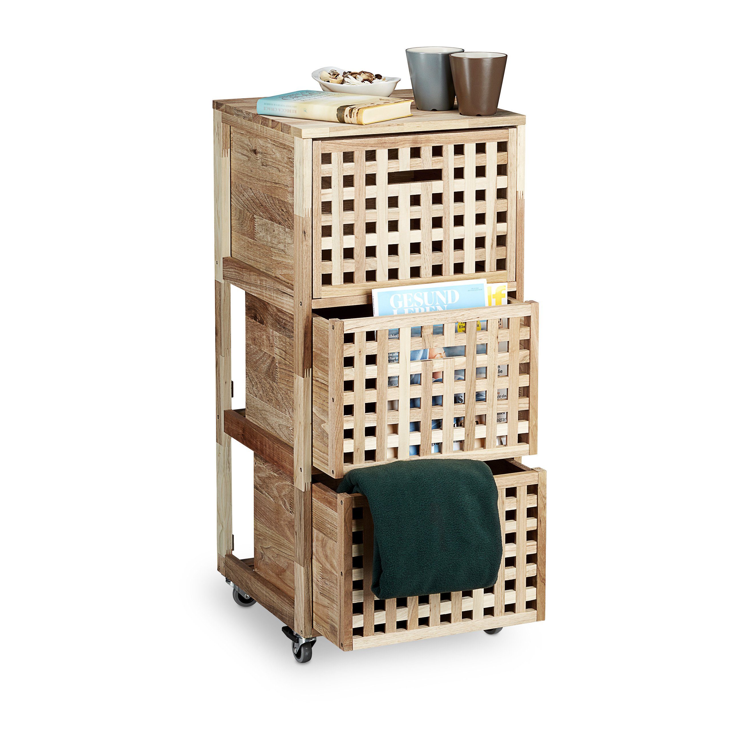 relaxdays Rollcontainer 3 Fächer Walnuss