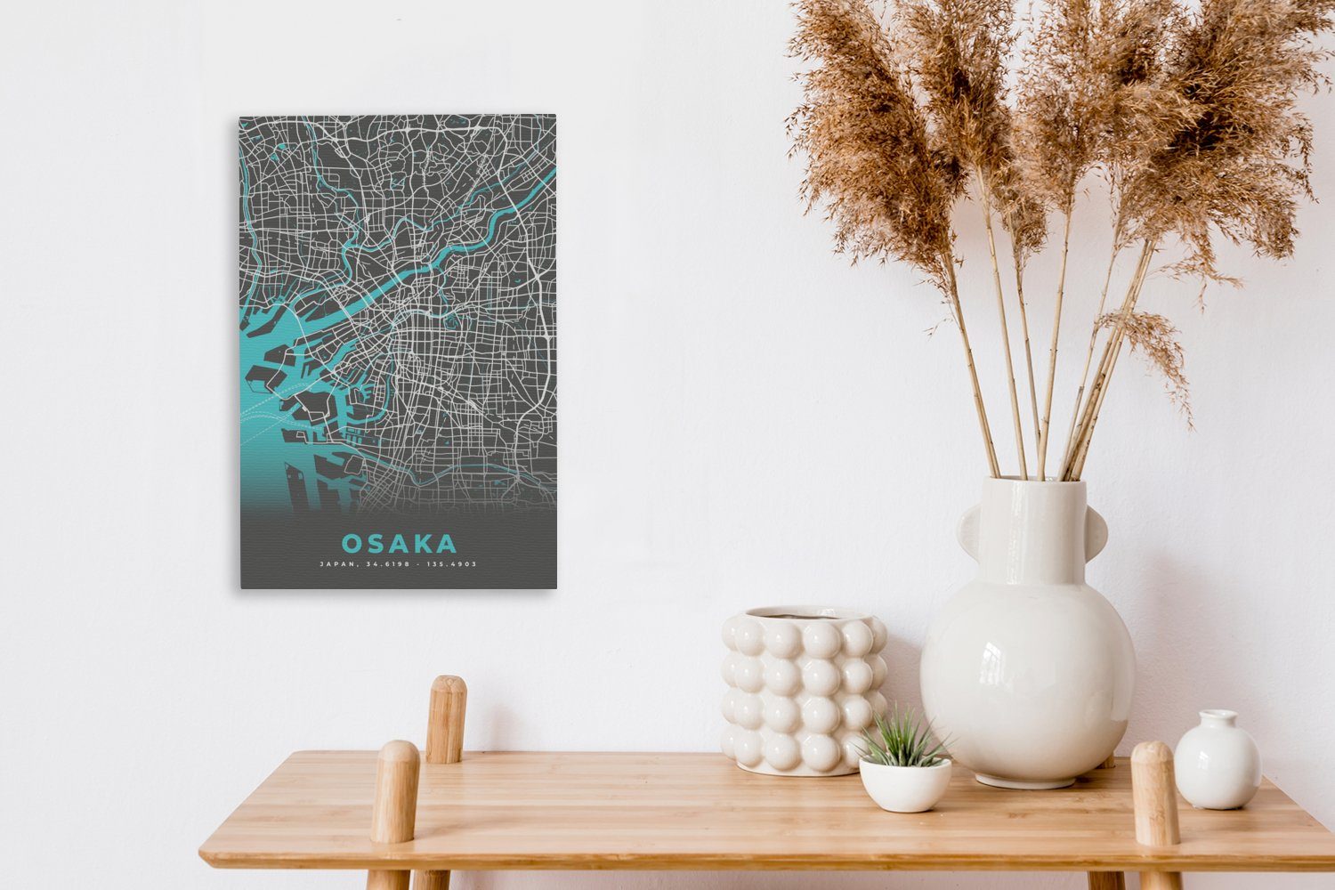 Stadtplan - St), Osaka - bespannt (1 inkl. Zackenaufhänger, cm Leinwandbild Gemälde, fertig - OneMillionCanvasses® 20x30 Blau, Karte Leinwandbild