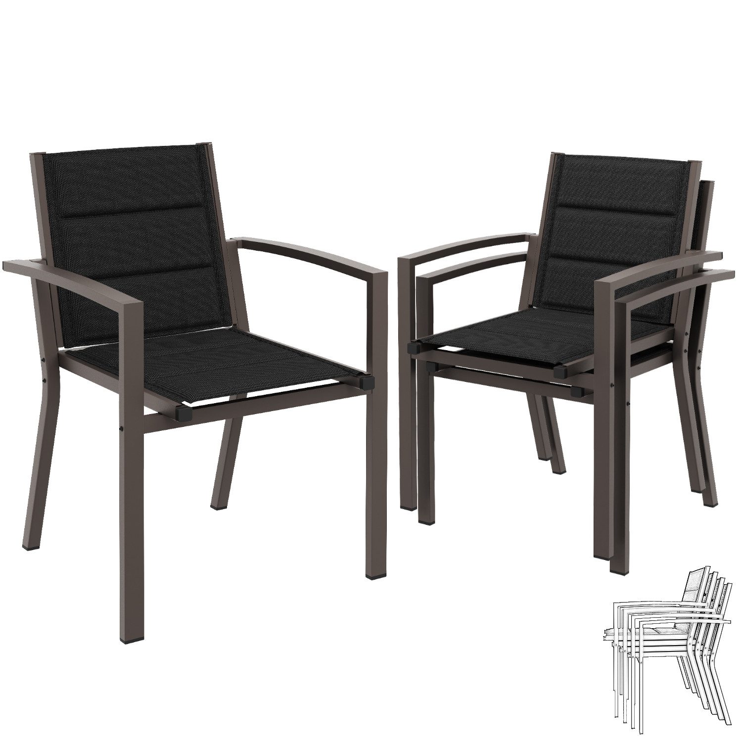 GUNJI Gartenstuhl Stapelstühle, Bequem, Korrosionsbeständigkeit Garten-essgruppe (verstärkter Alu-Outdoorstuhl, max Belastung 160 kg, stapelbar, leicht, Doppellagiger Sitzstoff), Aluminium-Gartentisch mit Klappbarer Tischplatte bis 100kg