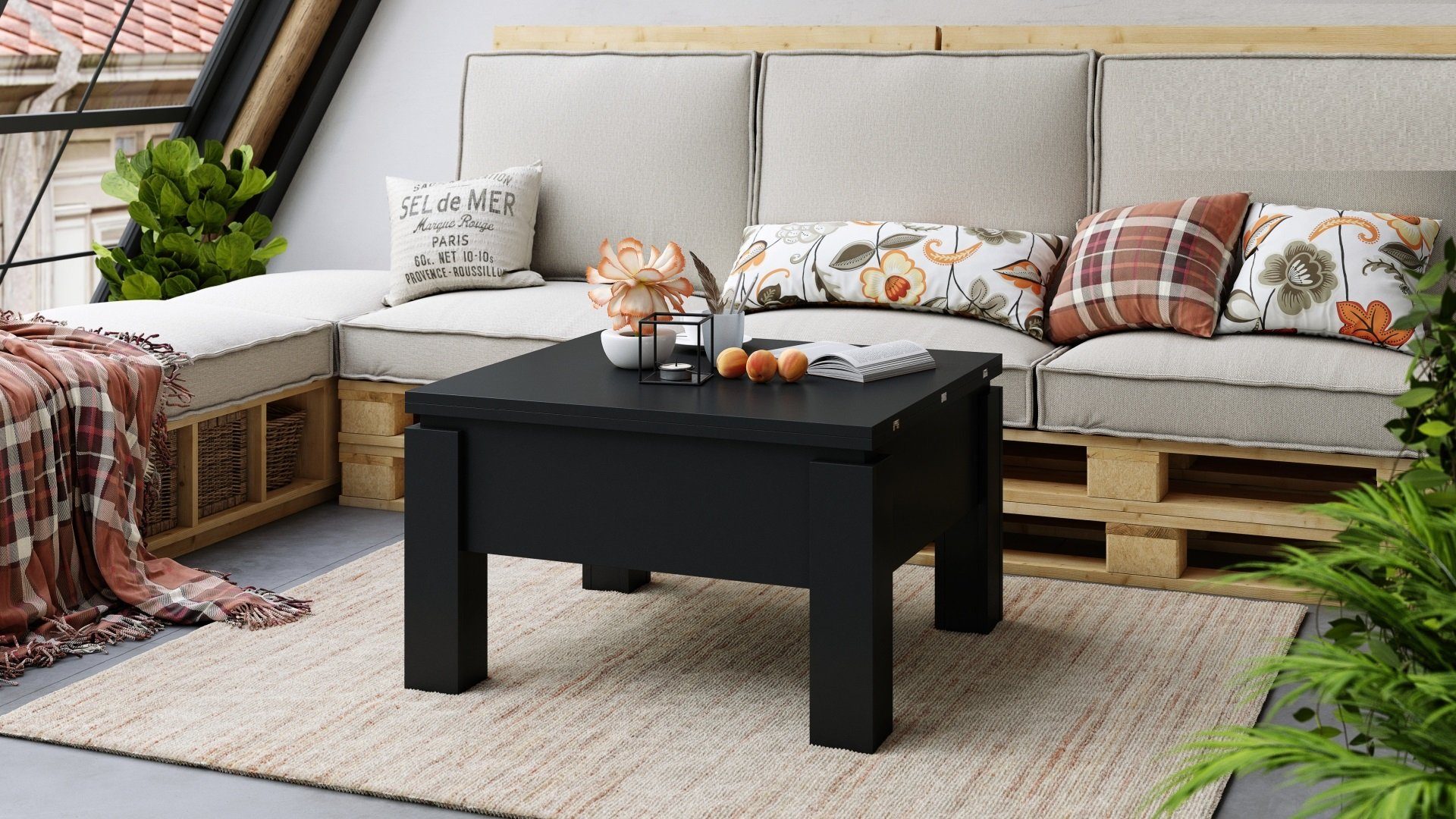 designimpex Couchtisch Design Couchtisch Tisch Oslo höhenverstellbar aufklappbar Esstisch Schwarz matt