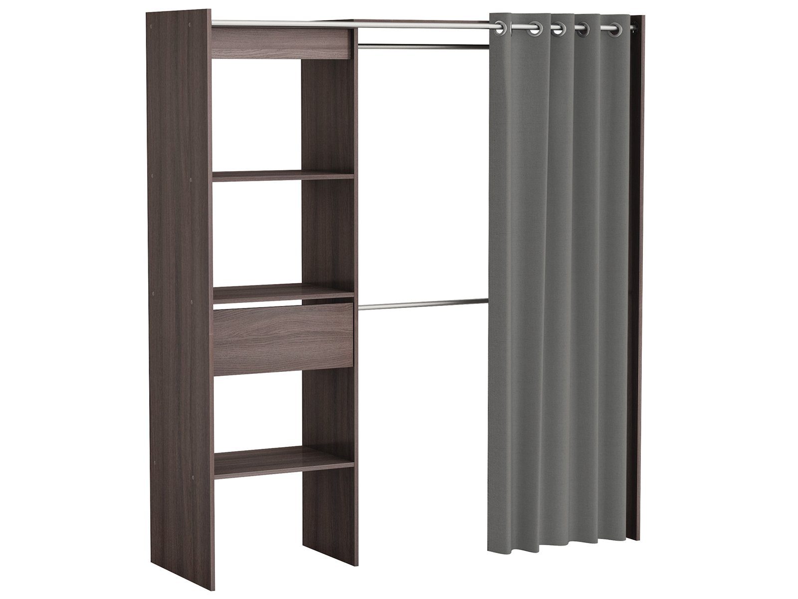 % cm möbelando 3 Höhe I" in 114/168,2 Eiche Kleiderschrank 100 50 Kleiderschrank Polyester, Ausziehbarer 1 Schublade Breite cm, festen 187 Spanplatte, und mit cm, Vulcano Clara aus 2 "Clara Kleiderstangen. Tiefe Einlegeböden, Vorhang Vulcano-Eiche