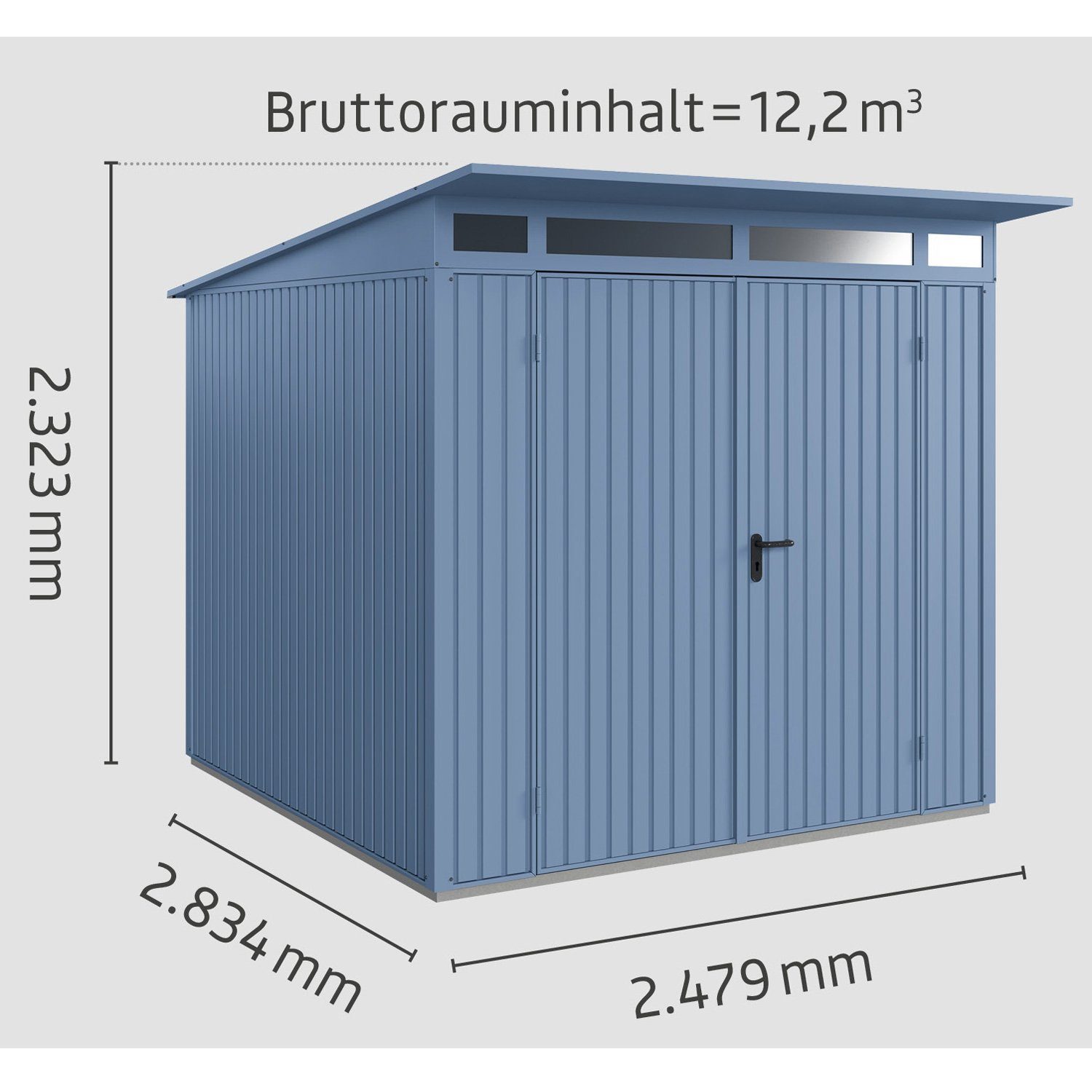 Hörmann Ecostar Gerätehaus Metall-Gerätehaus Trend mit Pultdach Typ 2, 2-flüglige Tür taubenblau
