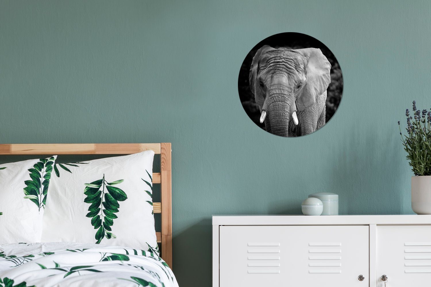 Weiß Elefant Wandsticker Wohnzimmer (1 Afrika - Schwarz Rund, Tapetenaufkleber, St), - für - Kinderzimmer, Tapetenkreis MuchoWow