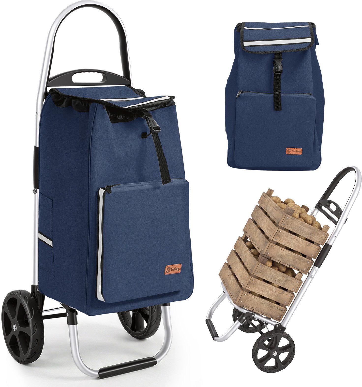Sekey Einkaufstrolley 2 in 1 Klappbar Einkaufswagen mit Kühlfach - 50 Liter Einkaufsbeutel, Faltbar Einkaufsroller mit großen Rädern und Sackkarren-Funktion