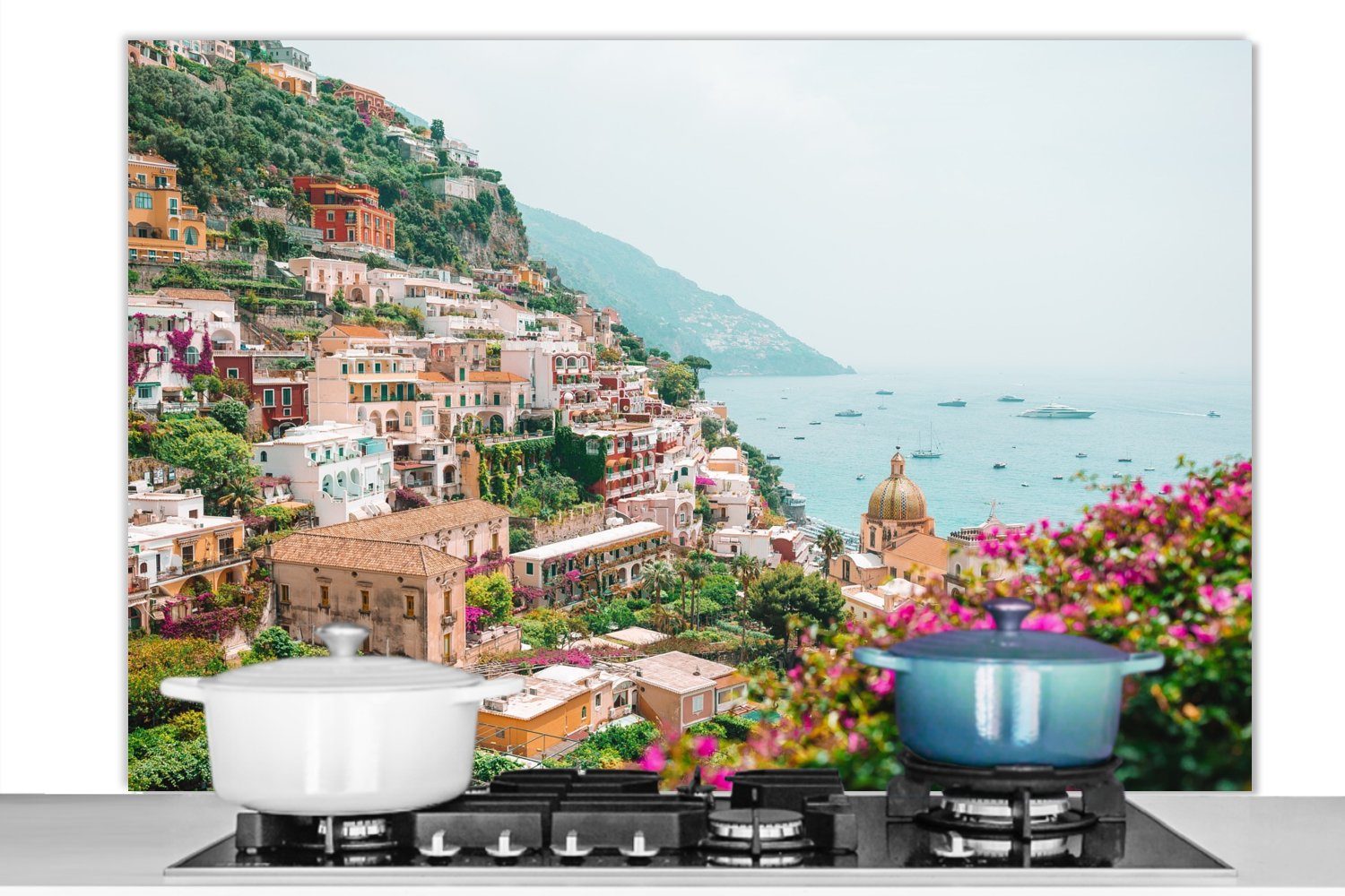 MuchoWow Küchenrückwand Berg - Wasser - Stadt, (1-tlg), Spritzschutz Küche - Küchenrückwand - Wandschutz für Herd und Spüle -