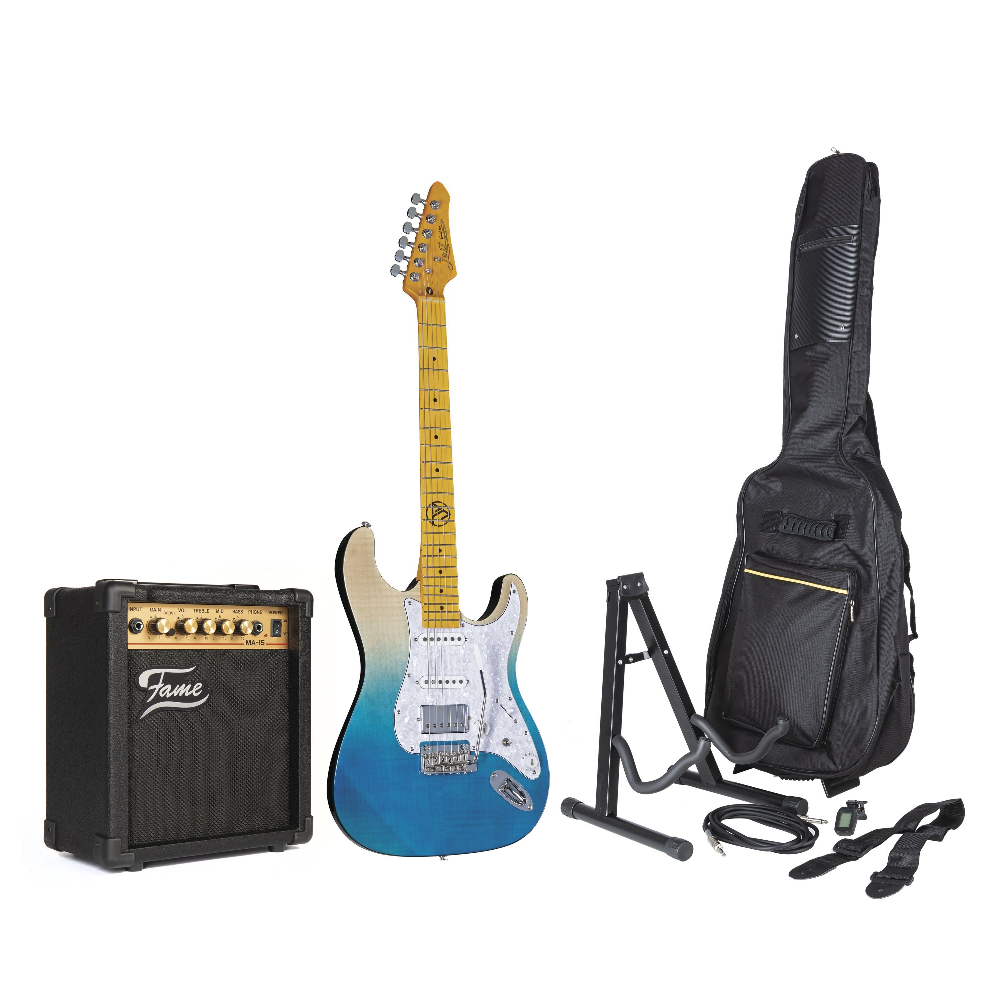 J & D E-Gitarre, E-Gitarren, E-Gitarren-Sets, ST Flame + Ma15 - E-Gitarren Anfänger Set