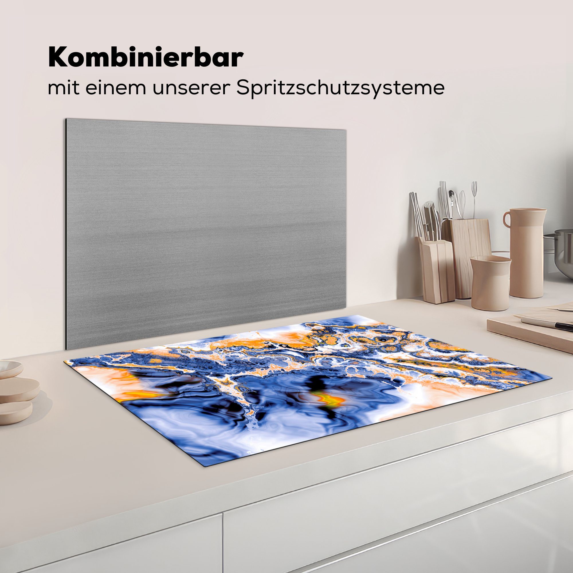 Marmor Blau, Vinyl, küche, Induktionskochfeld MuchoWow 81x52 Ceranfeldabdeckung Schutz tlg), die Orange - cm, Herdblende-/Abdeckplatte (1 für -