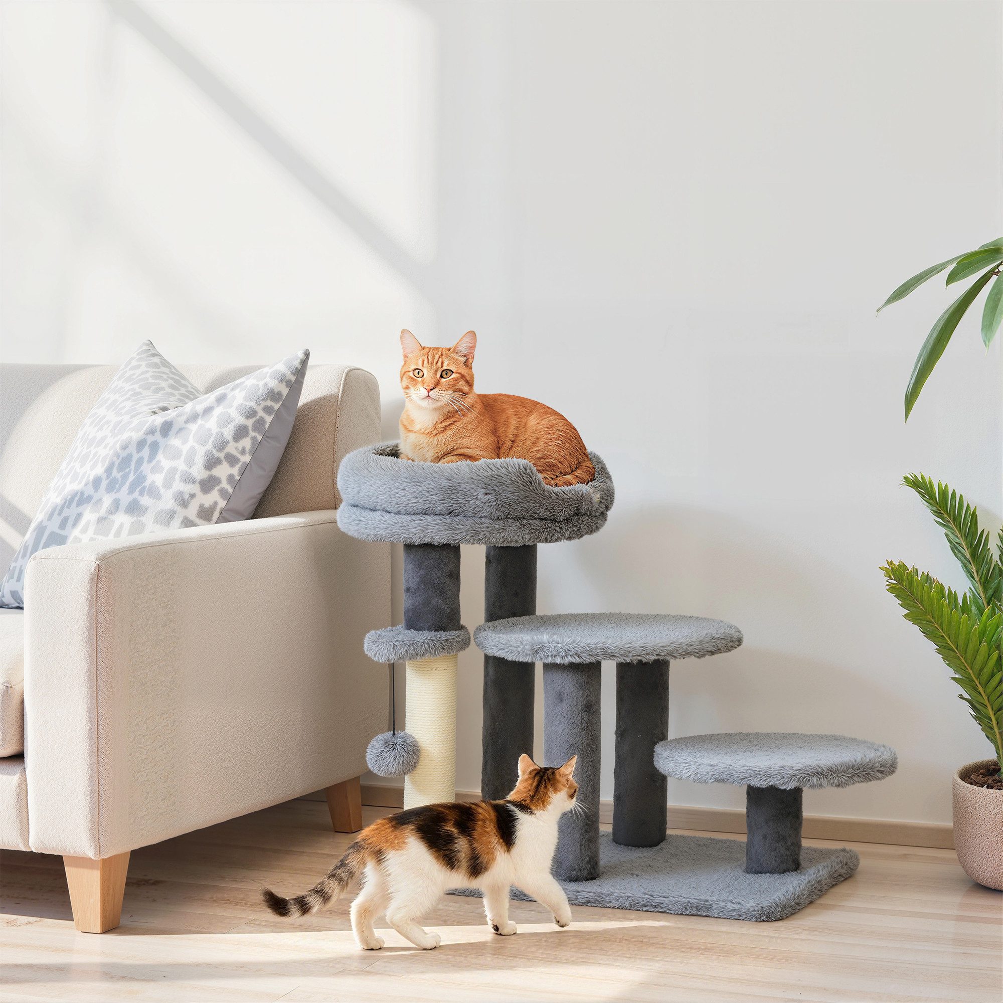 furnicato Katzen-Kletterwand 60 x 40 x 56 cm, Grau, Plüsch, mit Sisalkratzsäule, Waschbares Bett und Sisalstange für Katzenrampe mit Spielball