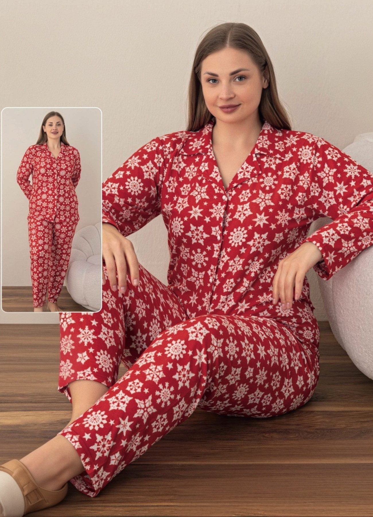 fashionshowcase Pyjama Damen Hausanzug mit Schneeflocken-Design Rot und Sch günstig online kaufen