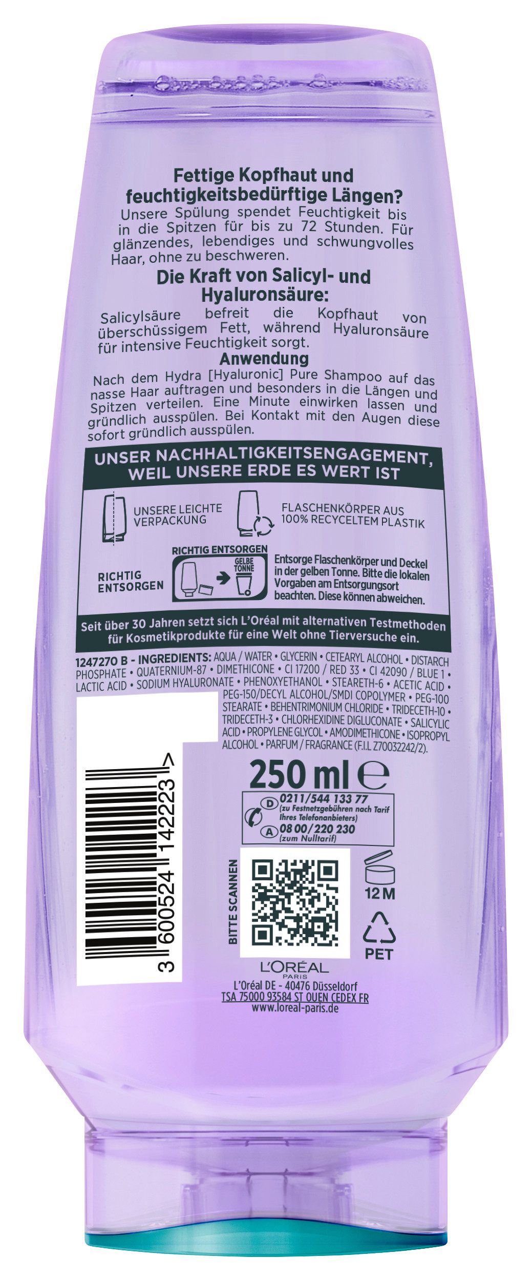 L'ORÉAL PARIS Haarspülung L'Oréal Paris Elvital Hydra [Hyaluronic] Pure Spülung, Packung, 6-tlg., Bis zu 72h Feuchtigkeit für Längen dank Salicyl- und Hyaluronsäure.