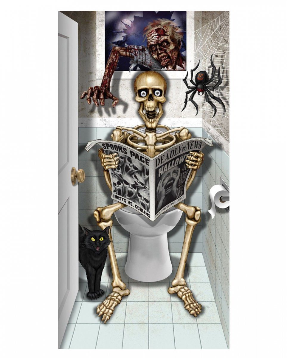 Horror-Shop Dekorationsfolie Skelett sitzend auf WC Türdekoration für Halloween