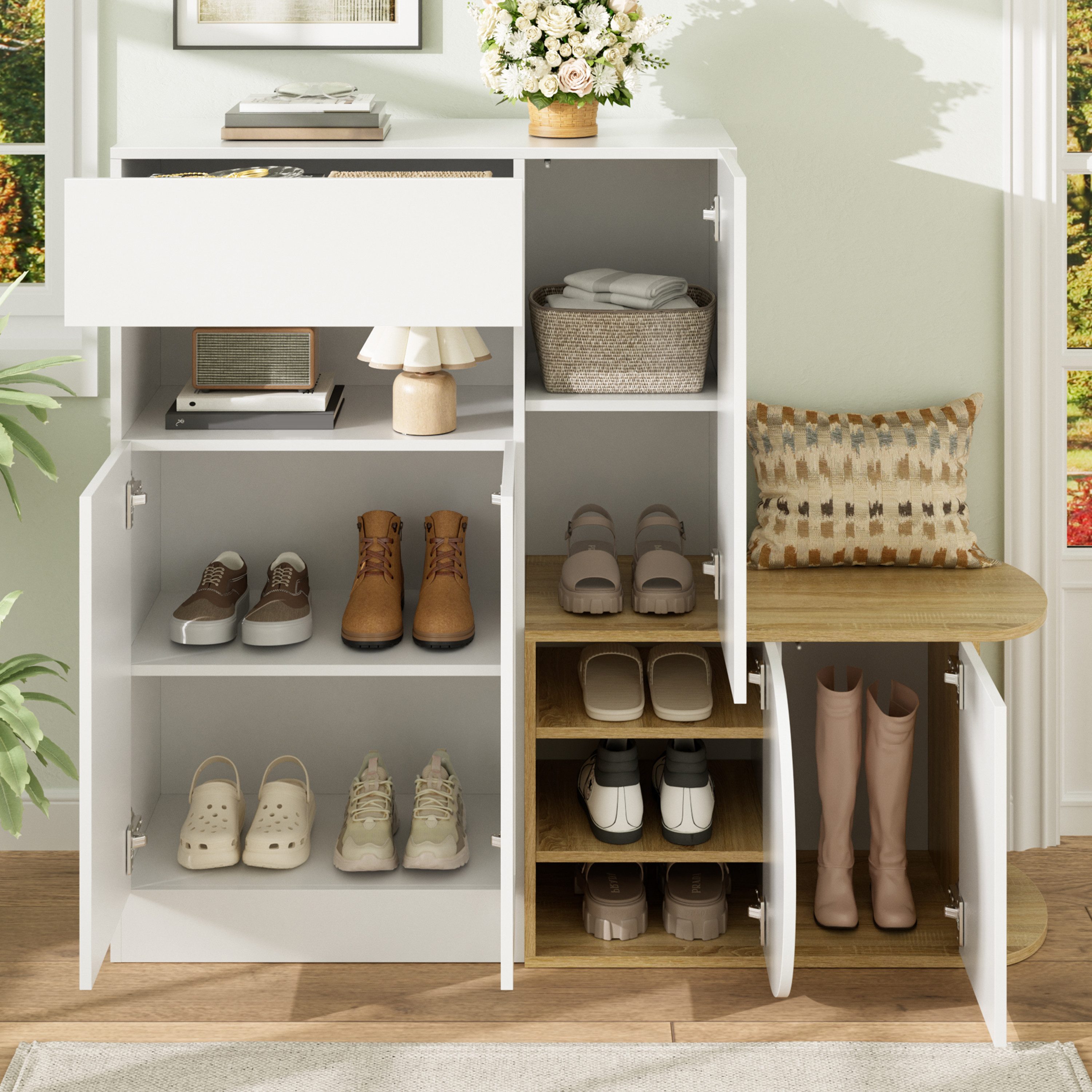 Flieks Schuhschrank mit Sitzbank, 1 Haken, 1 Schublade, 5 Türen und offenem Ablagefach (1-St., 130×35×110,5 cm) Schuhkommode mit Schuhbank Schuhregal Flurschran – Bild 2 von 5