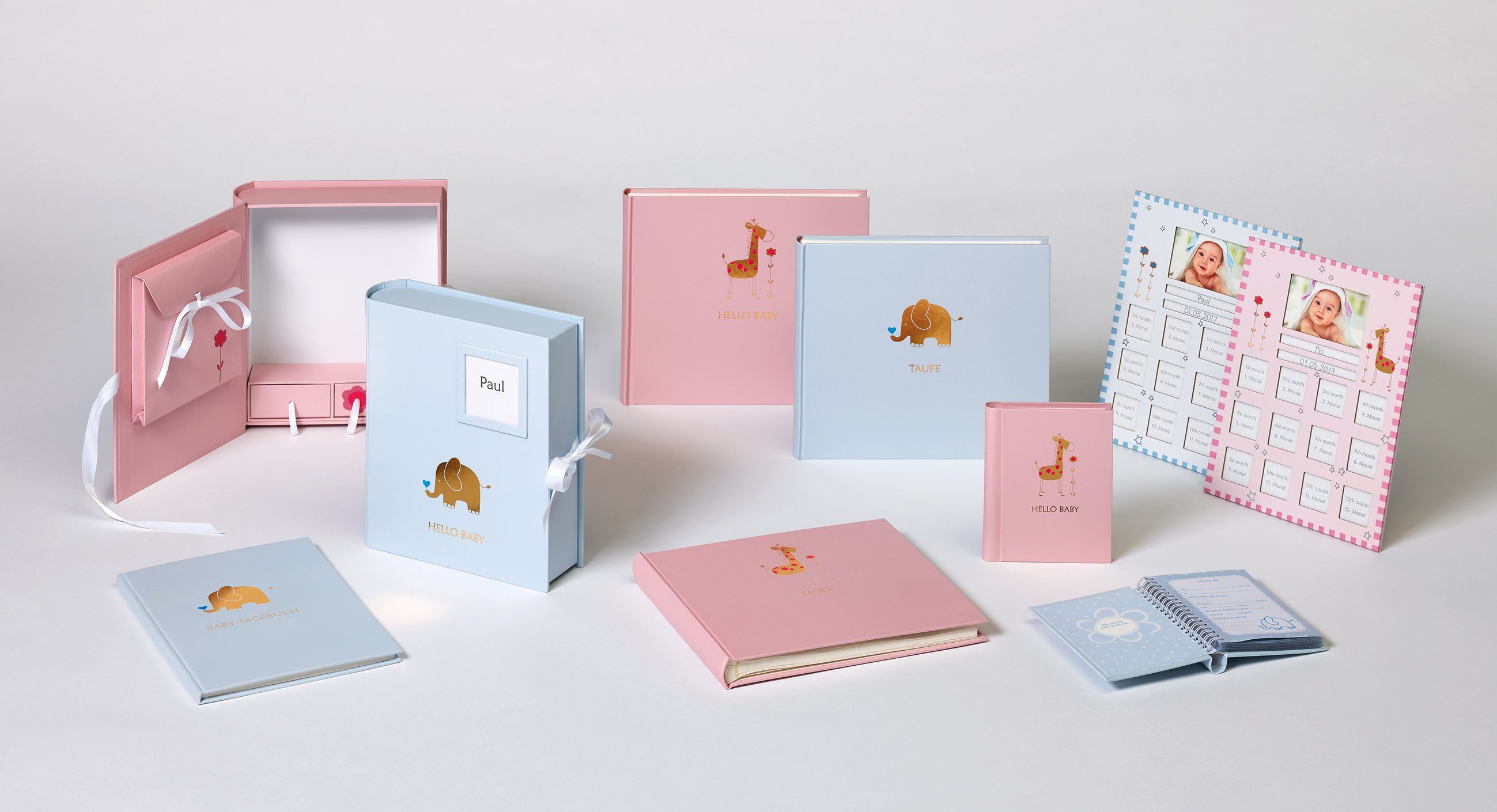 Walther Design Fotoalbum Babyalben und Aufbewahrungsboxen Baby Animal, blau/Elefant (Folienprägung), rosa/Giraffe (Folienprägung)