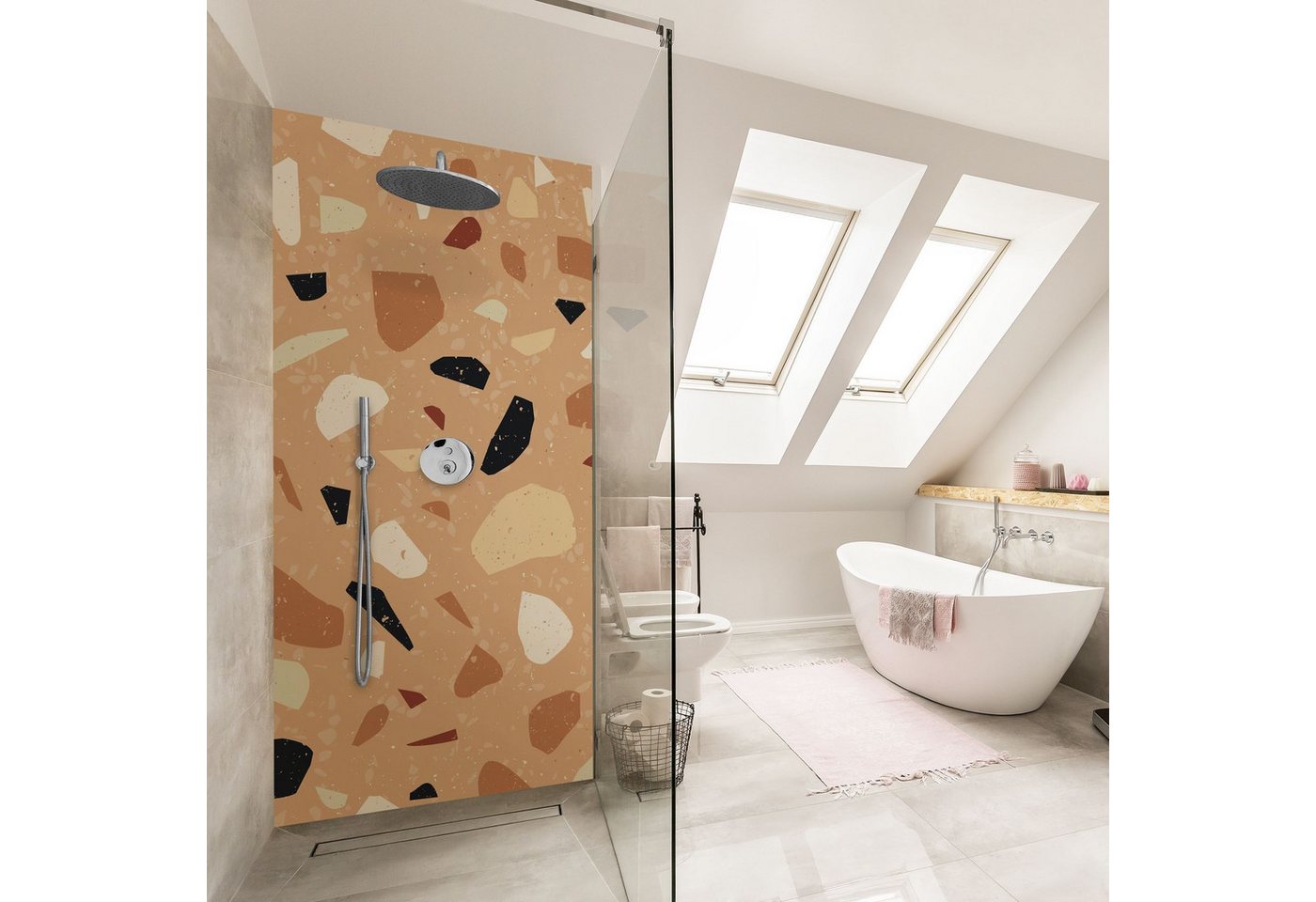 Thumbnail - Bilderdepot24 Badrückwand Terrazzo braun Duschrückwand ohne Bohren Dusche Muster, (Hartfolie matt » Selbstklebend SMART ...