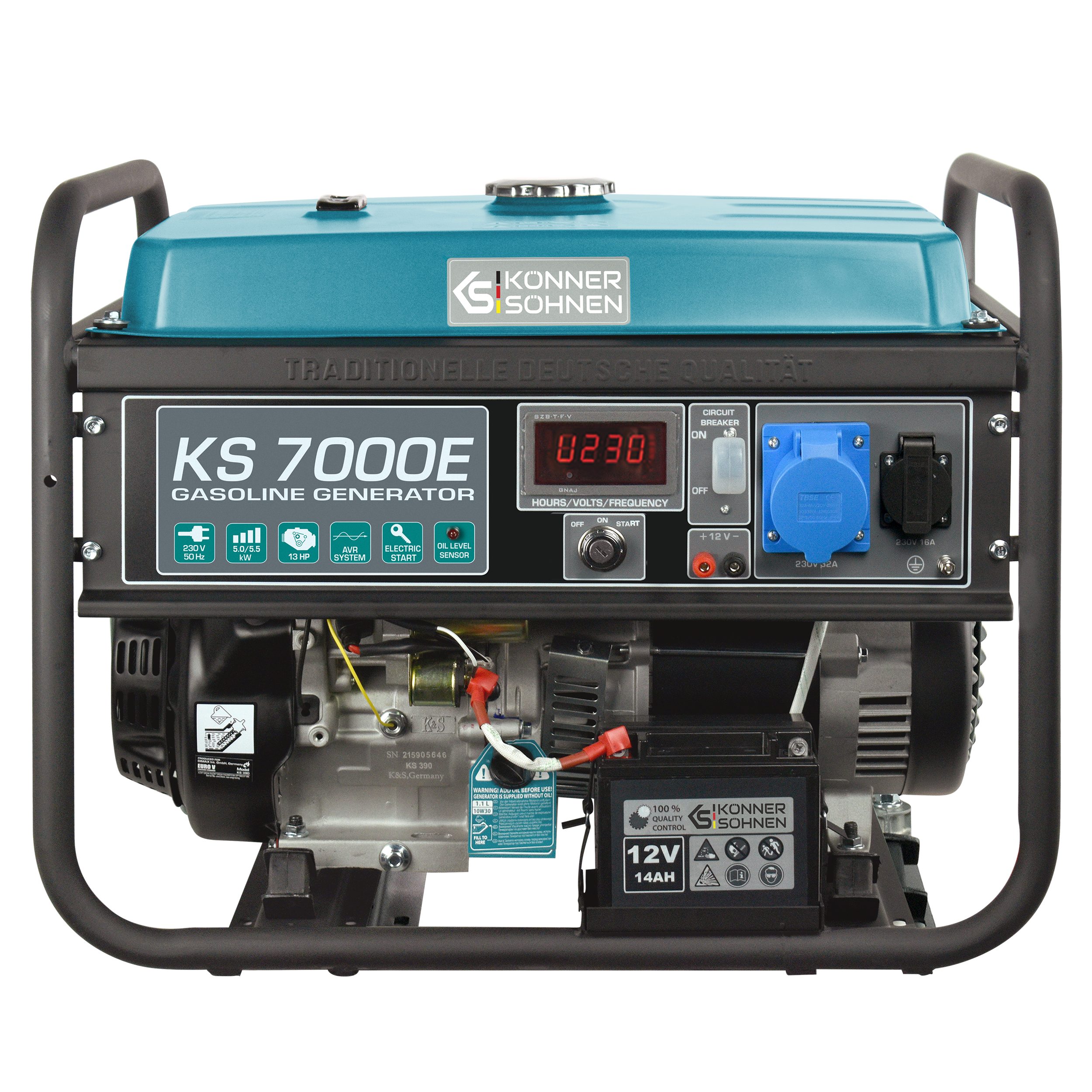 Könner & Söhnen Stromerzeuger KS 7000E, 5,50 in kW, (Steckdosen 1x16A (230V), 1x32A (230V), 1-tlg., 4-Takt Benzinmotor, Kupfer, E-Start, 5500 Watt), Automatischer Spannungsregler, Anzeige (Volt, Hz)