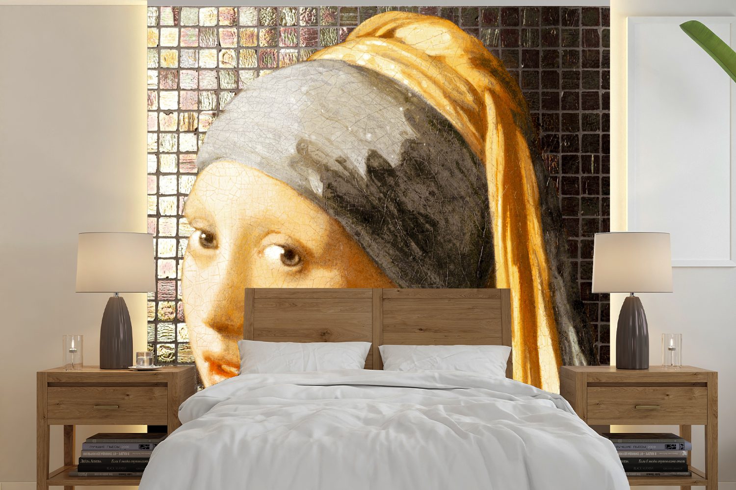 MuchoWow Fototapete bedruckt, Alte Schlafzimmer, oder St), Mädchen Wohnzimmer mit Perlenohrring Matt, (5 Meister für - Kacheln, Wandtapete Tapete Vinyl 