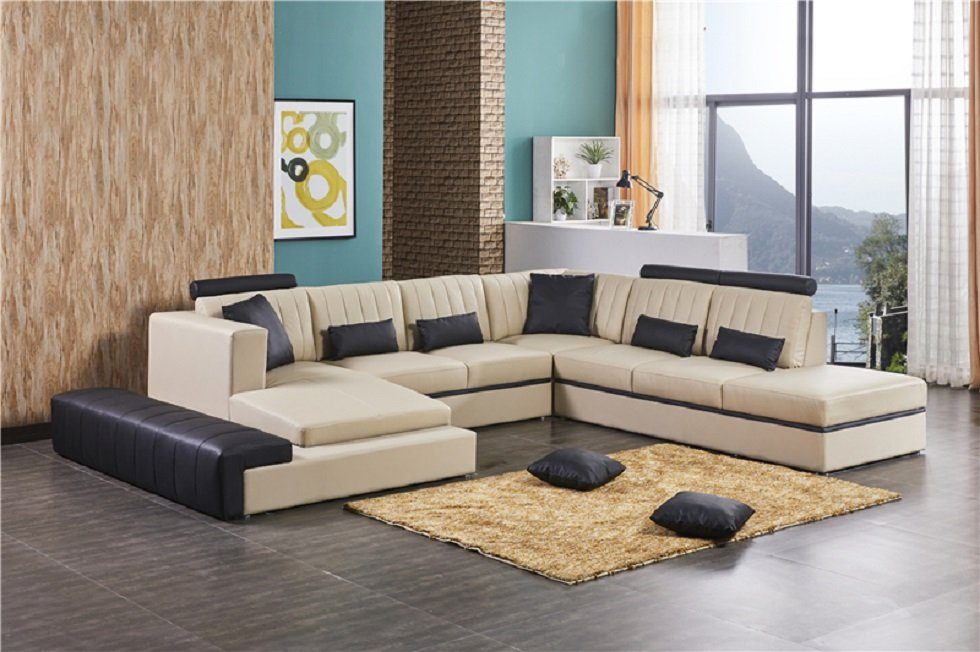 Leder Wohnlandschaft Couch JVmoebel U-Form Leder Modern Sofa Beige/Schwarz Ledersofa Ecksofa,