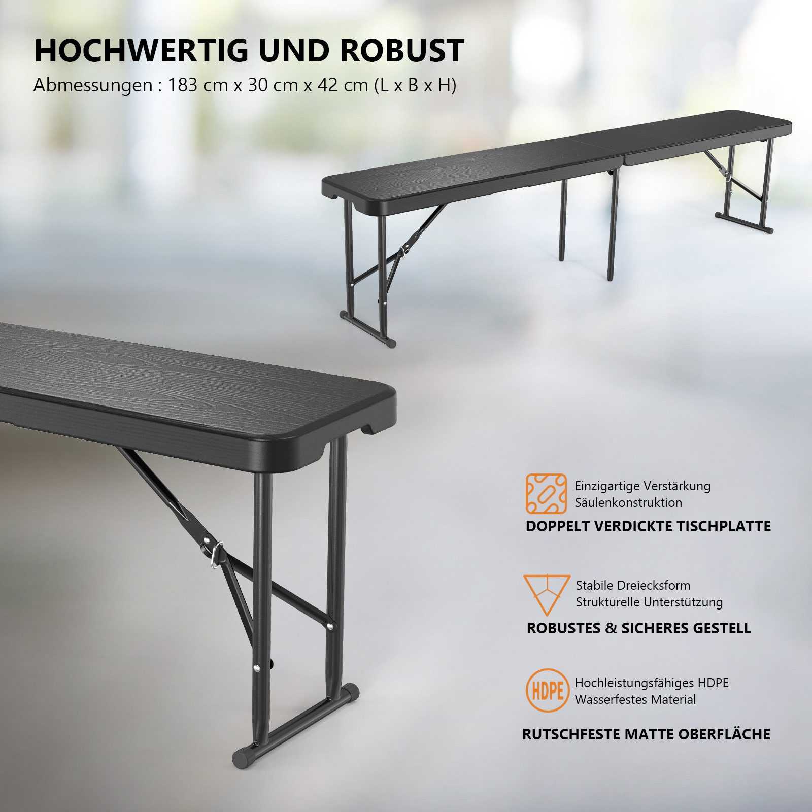 VINGLI Gartenbank Wetterfest aus Kunststoff, Klappbank, Sitzbank Flur, Bierbank (2-St), 182 x 28 x 43 cm, ideal für Garten, Camping & Outdoor – Bild 2 von 5