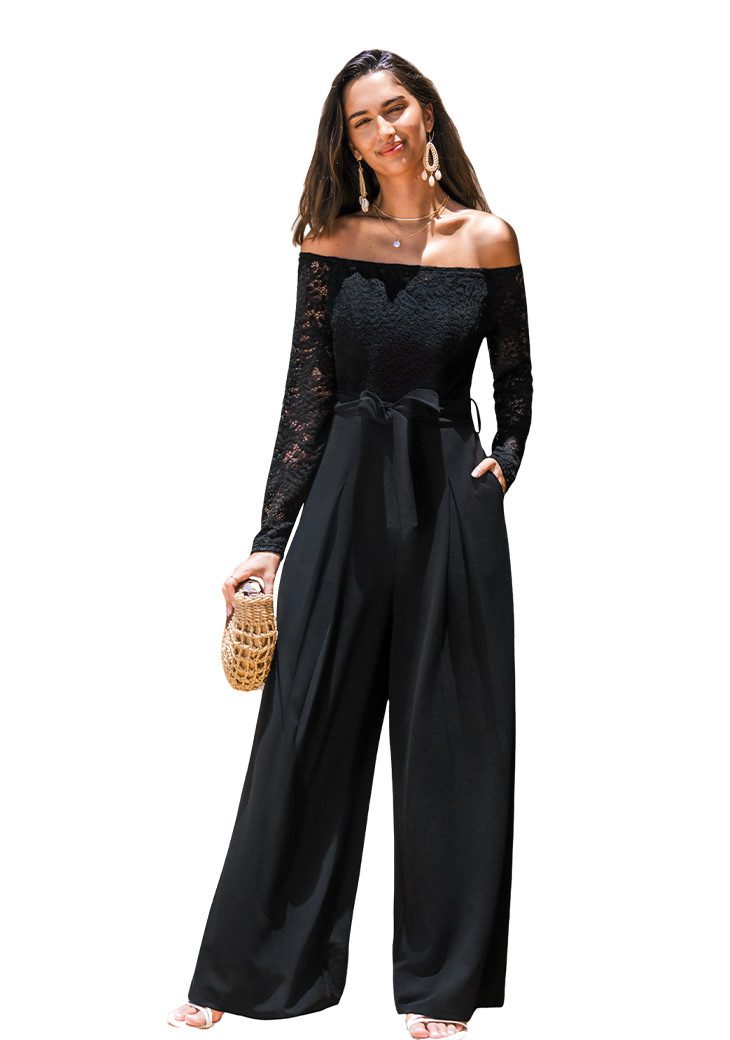 Cupshe Jumpsuit Schulterfreies Langarmshirt mit Spitzenbesatz