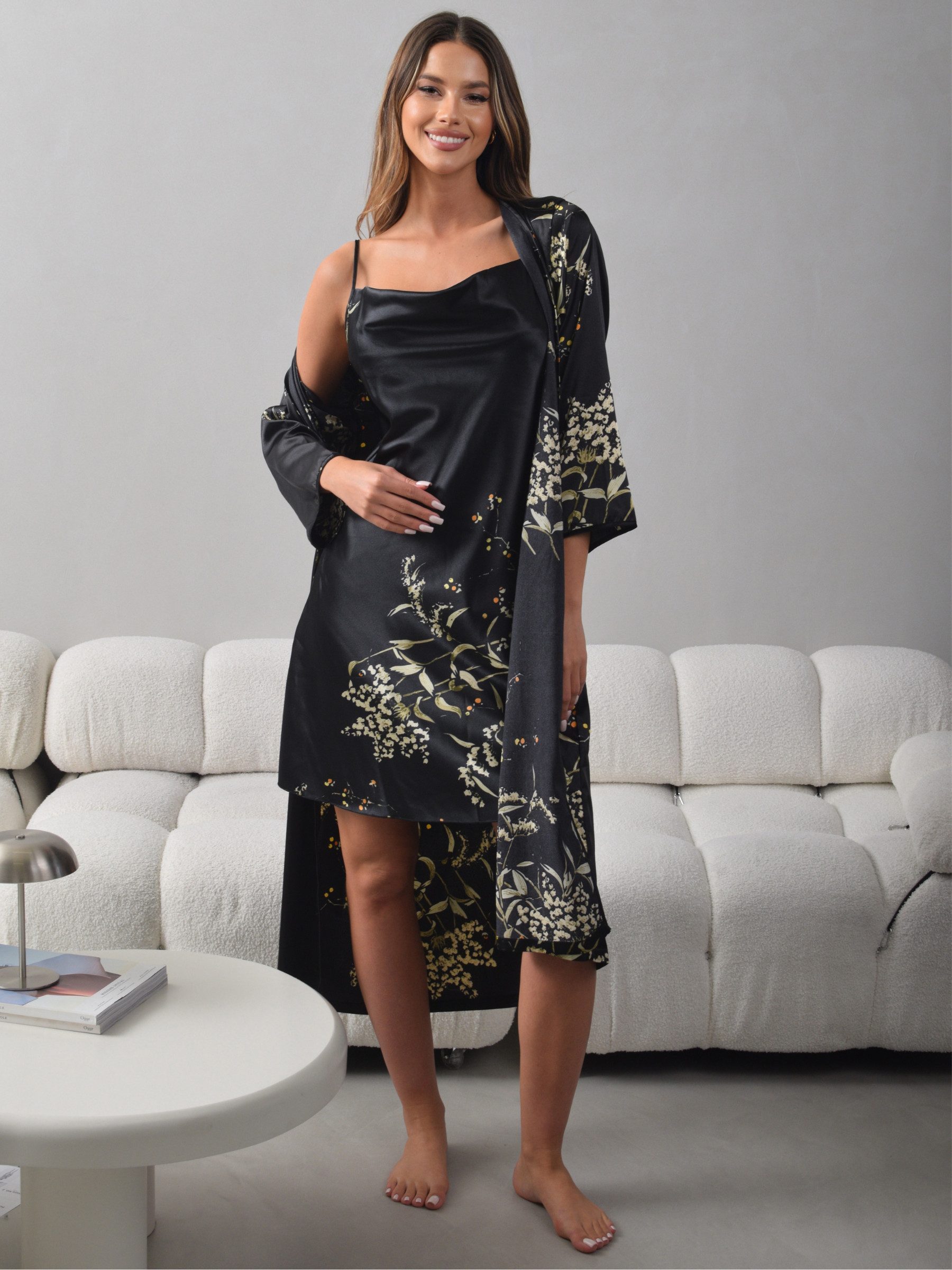 Elegant Love Morgenmantel Satin Pyjama-Set 2-tlg., Damen-Loungewear & Nachtwäsche, Robe + Unterkleid, Gürtel, Negligee mit wasserfallausschnitt