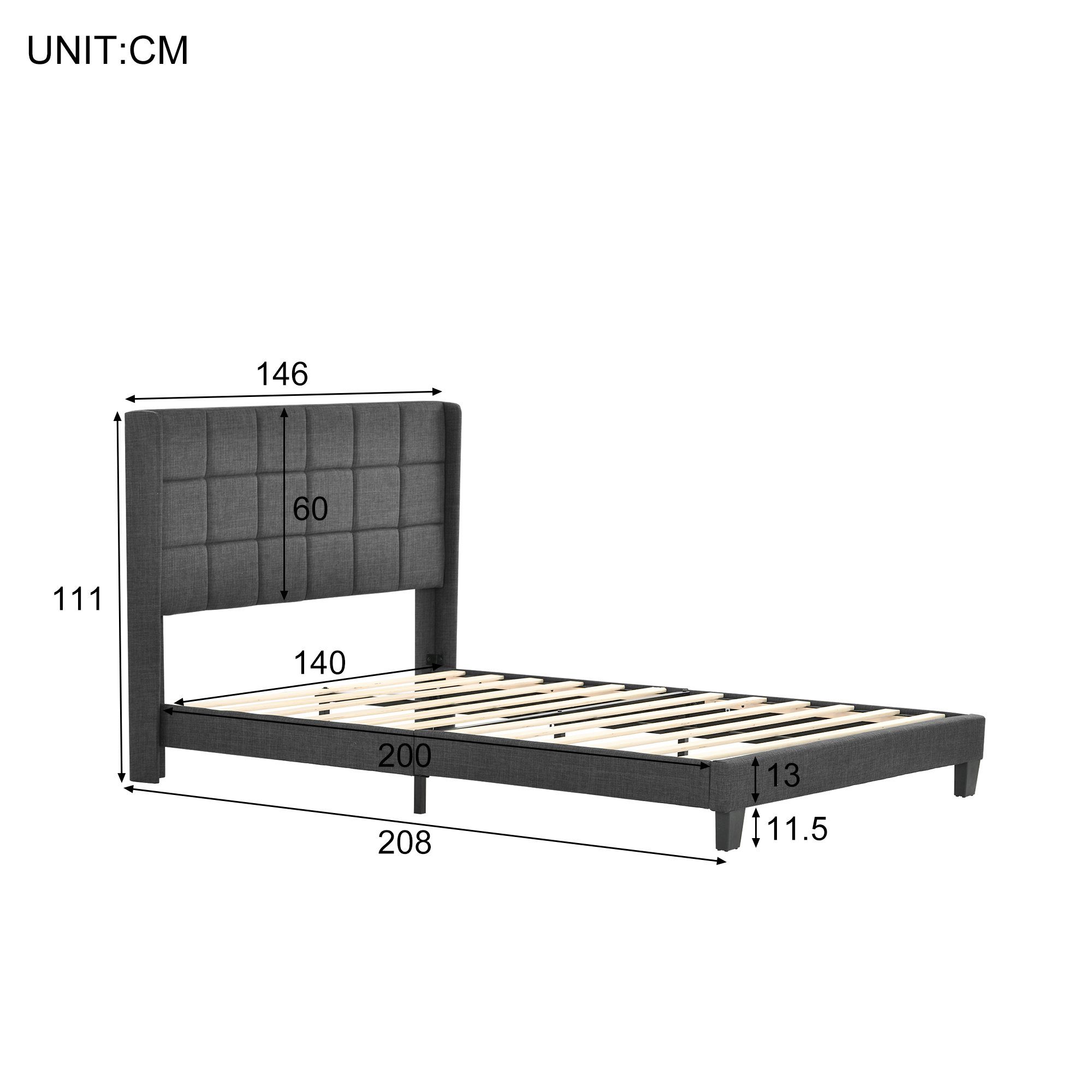 Polsterbett (Doppelbett mit Matratze), Holzbett 140x200cm, Lattenrost aus Holz, Gepolstertes Kopfteil, Leinen
