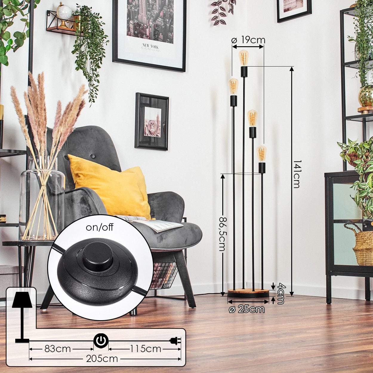 hofstein Stehlampe Stehlampe aus Metall/Holz in Schwarz/Holz dunkel mit Fußschalter, ohne Leuchtmittel, moderne Stehleuchte im Retro/Vintage-Design, Höhe 141 cm, E27