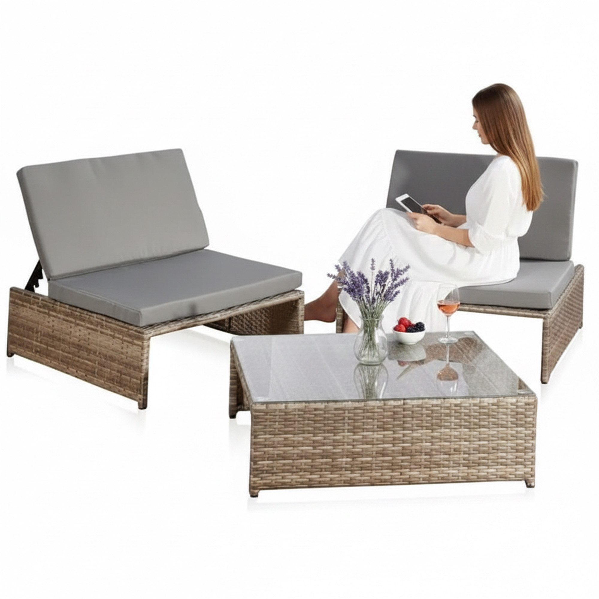 Mucola Balkonset Balkon-Sitzset 3-teilig aus Polyrattan – kompakt für Balkon & Terrasse, (Sitzgruppe, 3-teiliges Sitzset bestehend aus 2 Sesseln und 1 Tisch), Kompakte Bauweise für Balkon und kleine Terrassen