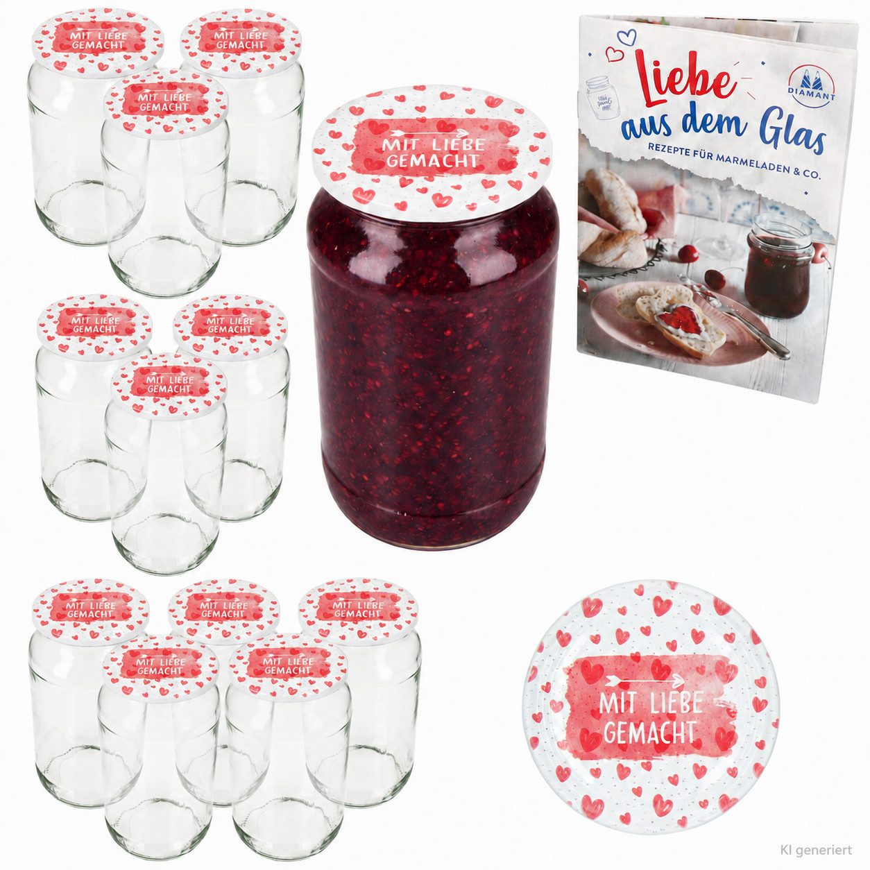 Einmachglas Sturzglas Mit Liebe gemacht 12er Set mit Deckel und Rezeptheft