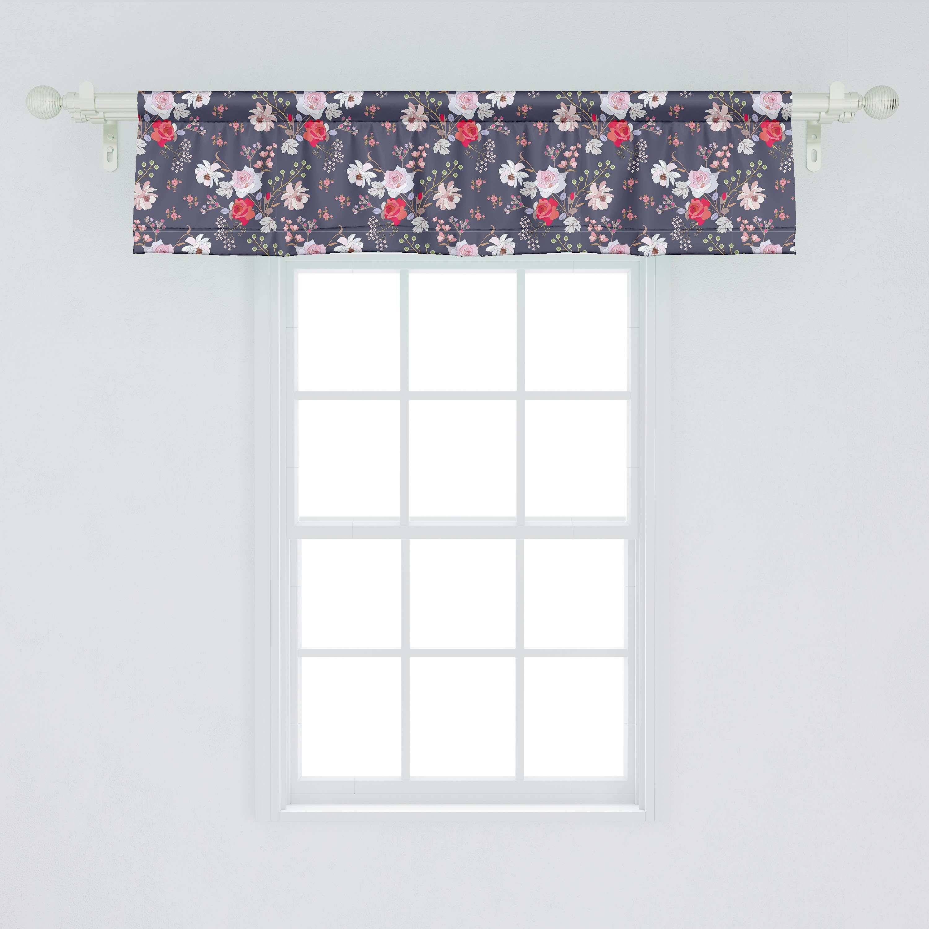 Scheibengardine Vorhang Volant für Blumen Küche Stangentasche, Schlafzimmer Abakuhaus, Microfaser, mit Art-Blumen-Blumenstrauß Dekor Vintage