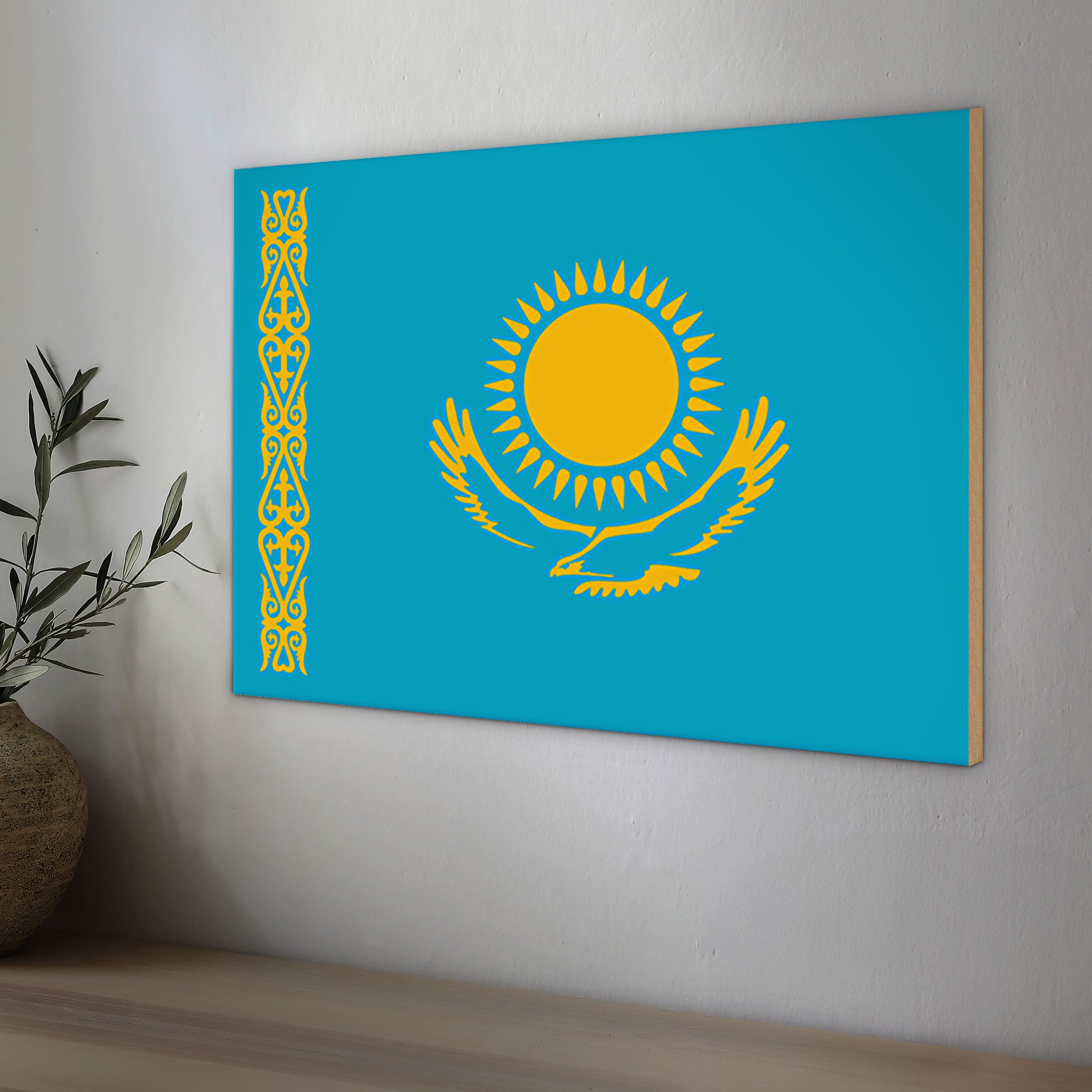 Roomando Holzbild Holzschild Flagge Kasachstan 30x20cm Flag of Kazakhstan