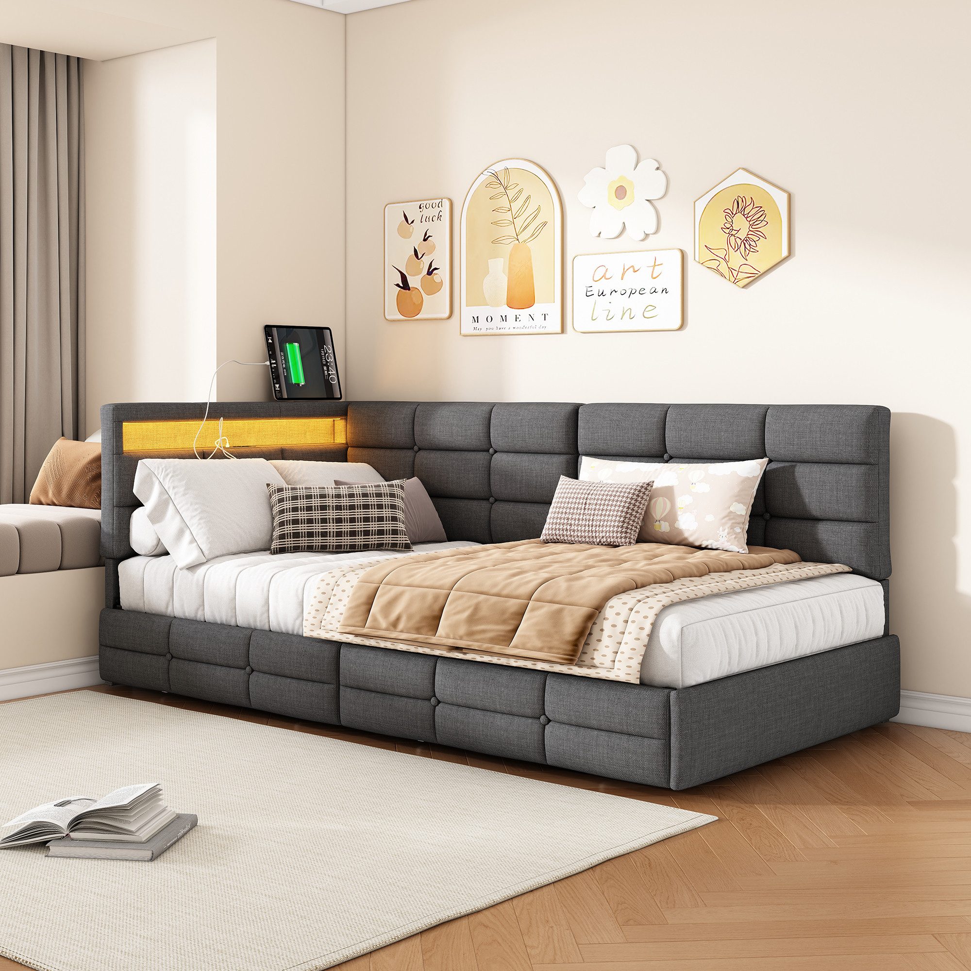 ADWOLT Schlafsofa Daybett Tagesbett Ausziehbares mit Bettfunktion, Multifunktionsbett,90x200 cm,2 Schubladen,Gepolstert,Grau,Leinenstoff – Bild 4 von 5