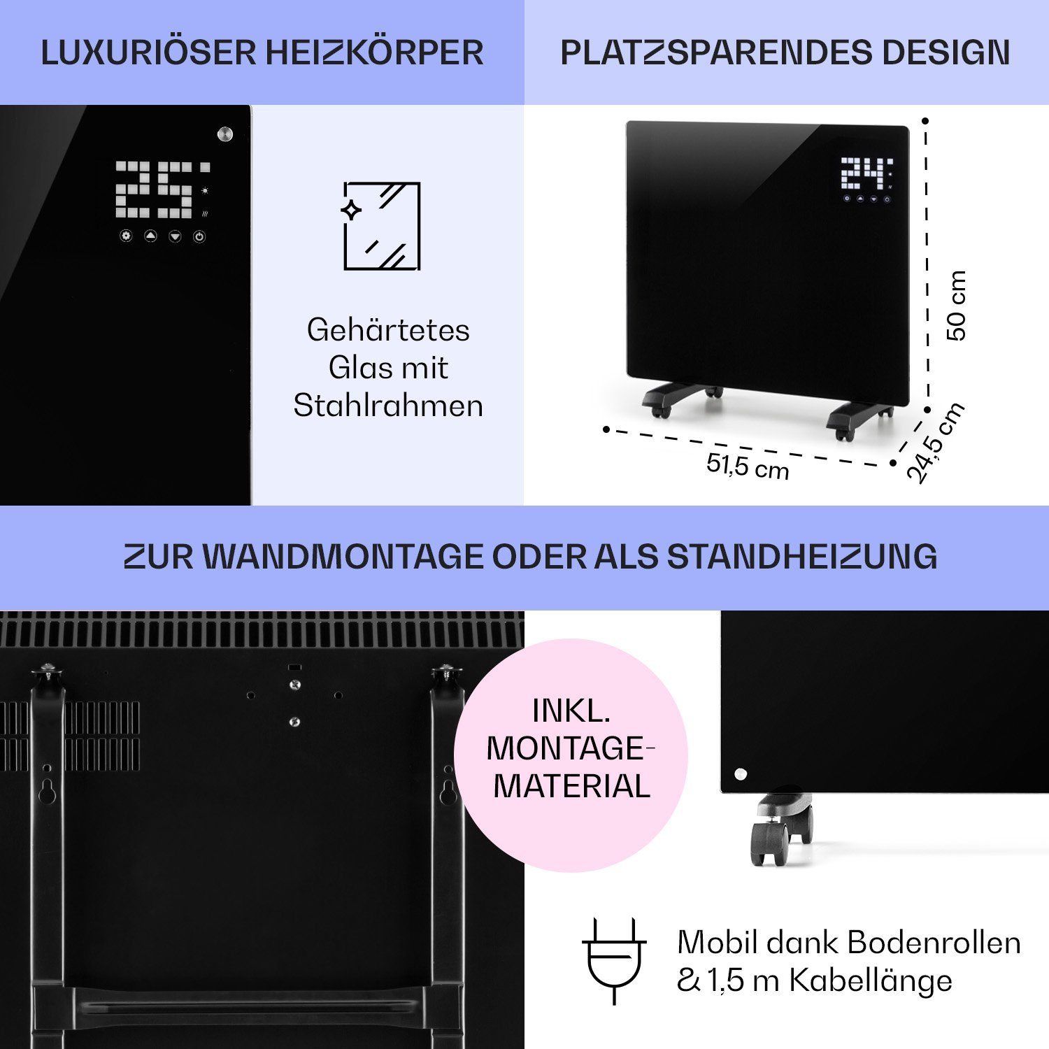 Heizstrahler Heizkörper Single energiesparend Smart, W, Elektrokoheizung 1000 Bornholm Konvektorheizung Klarstein elektrisch