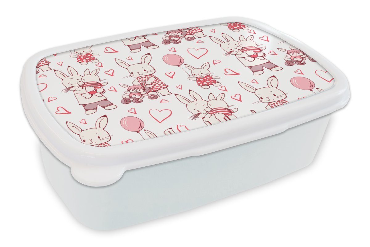 MuchoWow Lunchbox Kaninchen - Liebe - Muster, Kunststoff, (2-tlg), Brotbox für Kinder und Erwachsene, Brotdose, für Jungs und Mädchen weiß