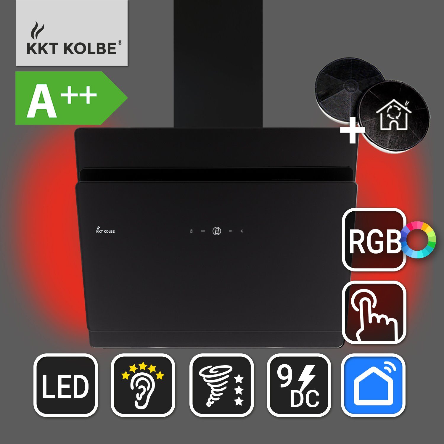 60cm WiFi-App Dunstabzugshaube Smarte KOLBE 60cm / Ambientebeleuchtung, Glas SOLO609SHCM KKT RGBW / / Wandhaube Schwarz Kopffreihaube Leise / /