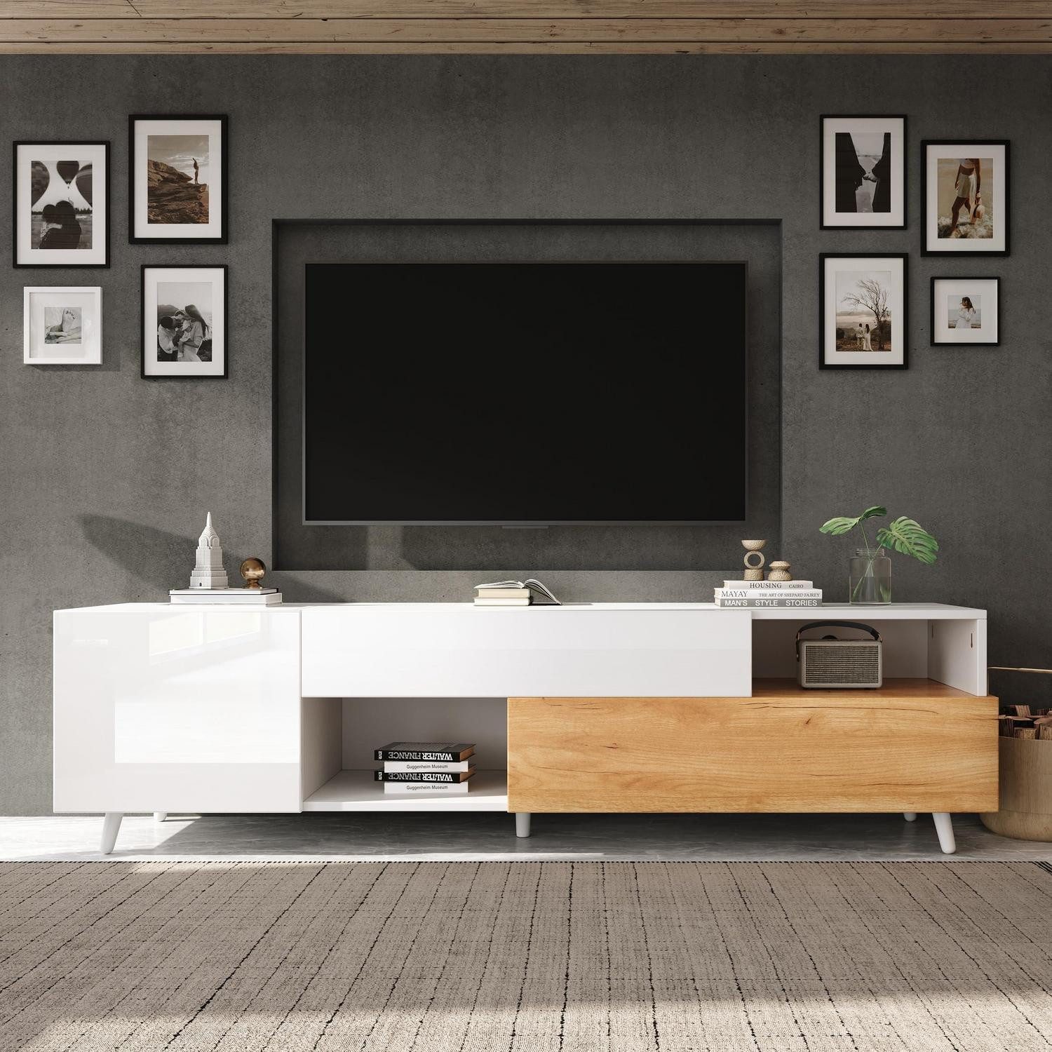 LuxusKollektion TV-Board Lowboard TV Hochglanz Tür Schublade Weiß und Naturfarbe(180x38x50cm)