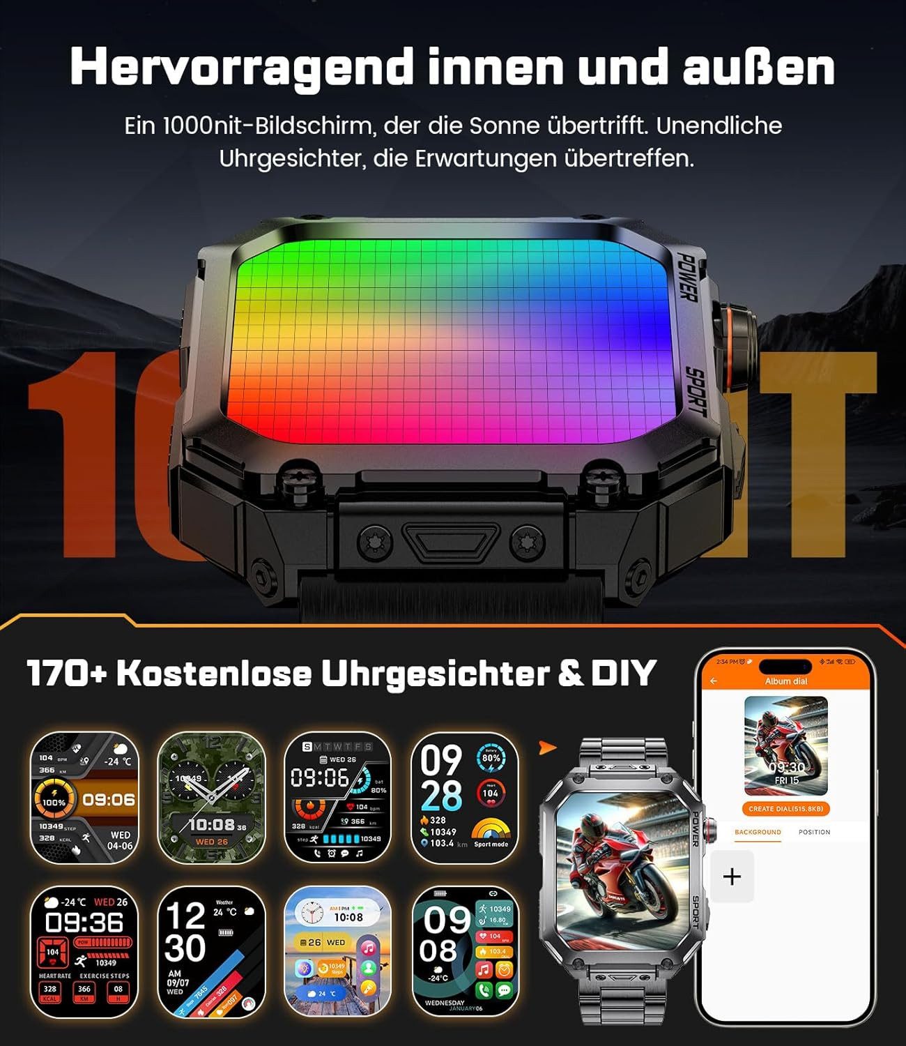 Zevelora Militär 400mAh 100+ Sportmodi 5ATM Wasserdicht mit Telefonfunktion Smartwatch (1.96 Zoll, Android/iOS), mit 3 Bänder 400mAh 100+ Sportmodi Telefonfunktion Metallarmband