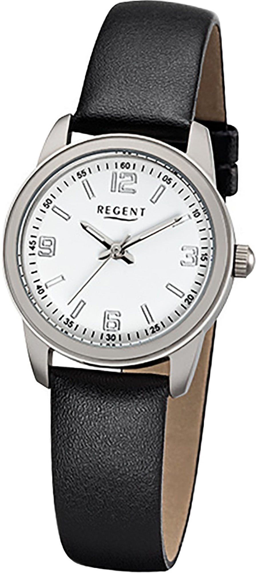 Regent Quarzuhr Regent Leder Damen Uhr F-1087 Quarzuhr, Damenuhr Lederarmband schwarz, rundes Gehäuse, klein (ca. 27mm)